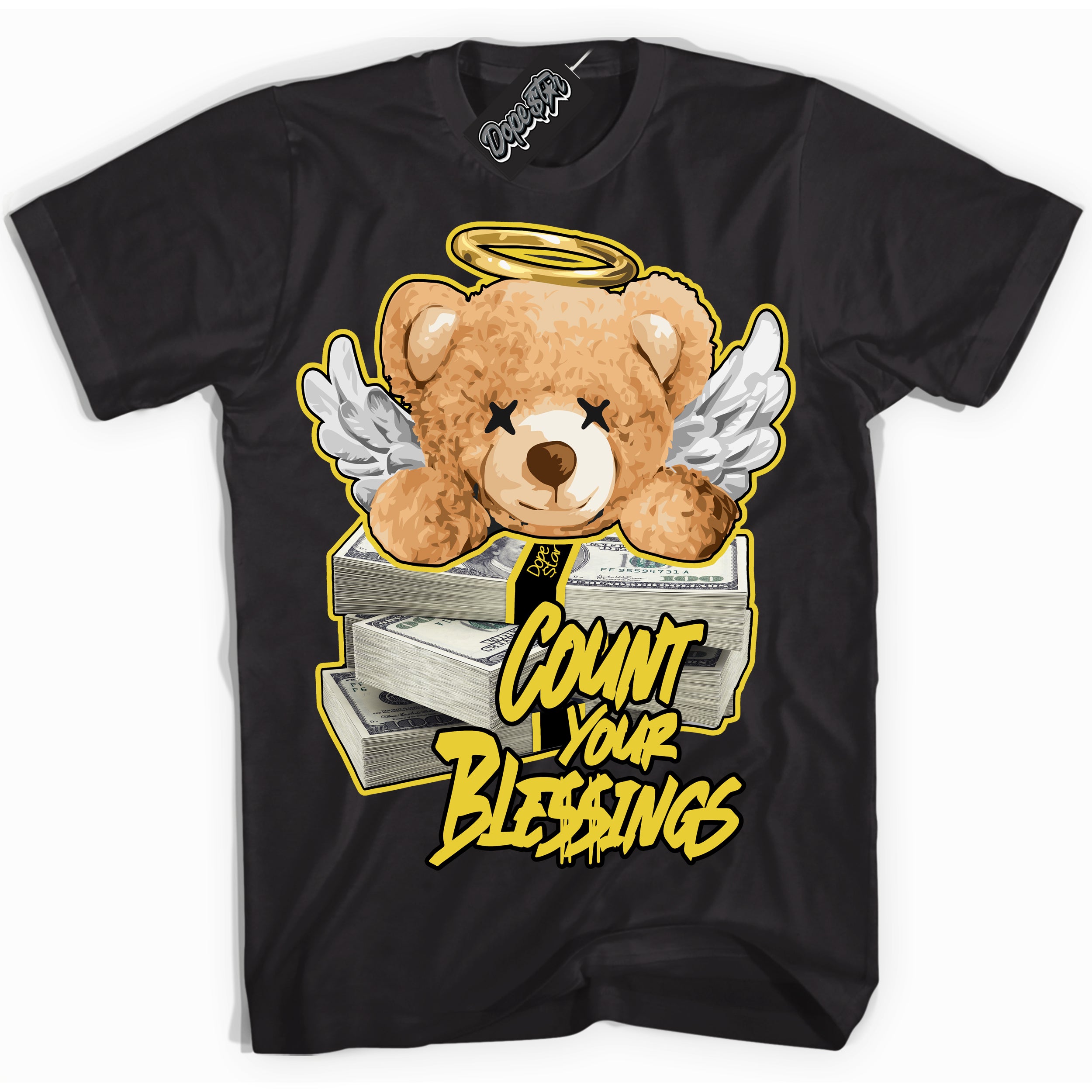 Cool Black Shirt with “ Count Your Blessings” design that perfectly matches Vivid Sulfur 4s Jordans.
