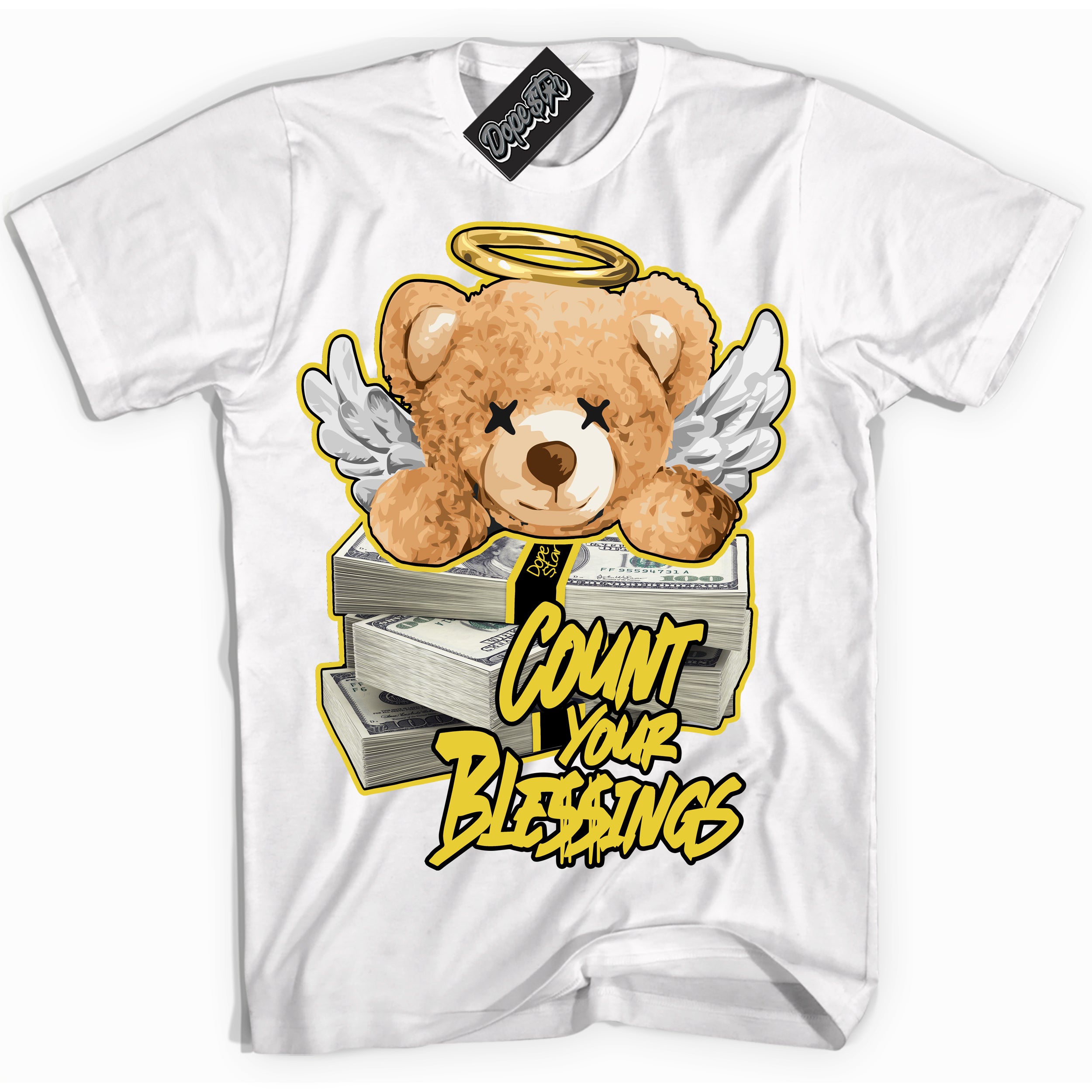 Cool White Shirt with “ Count Your Blessings” design that perfectly matches Vivid Sulfur 4s Jordans.
