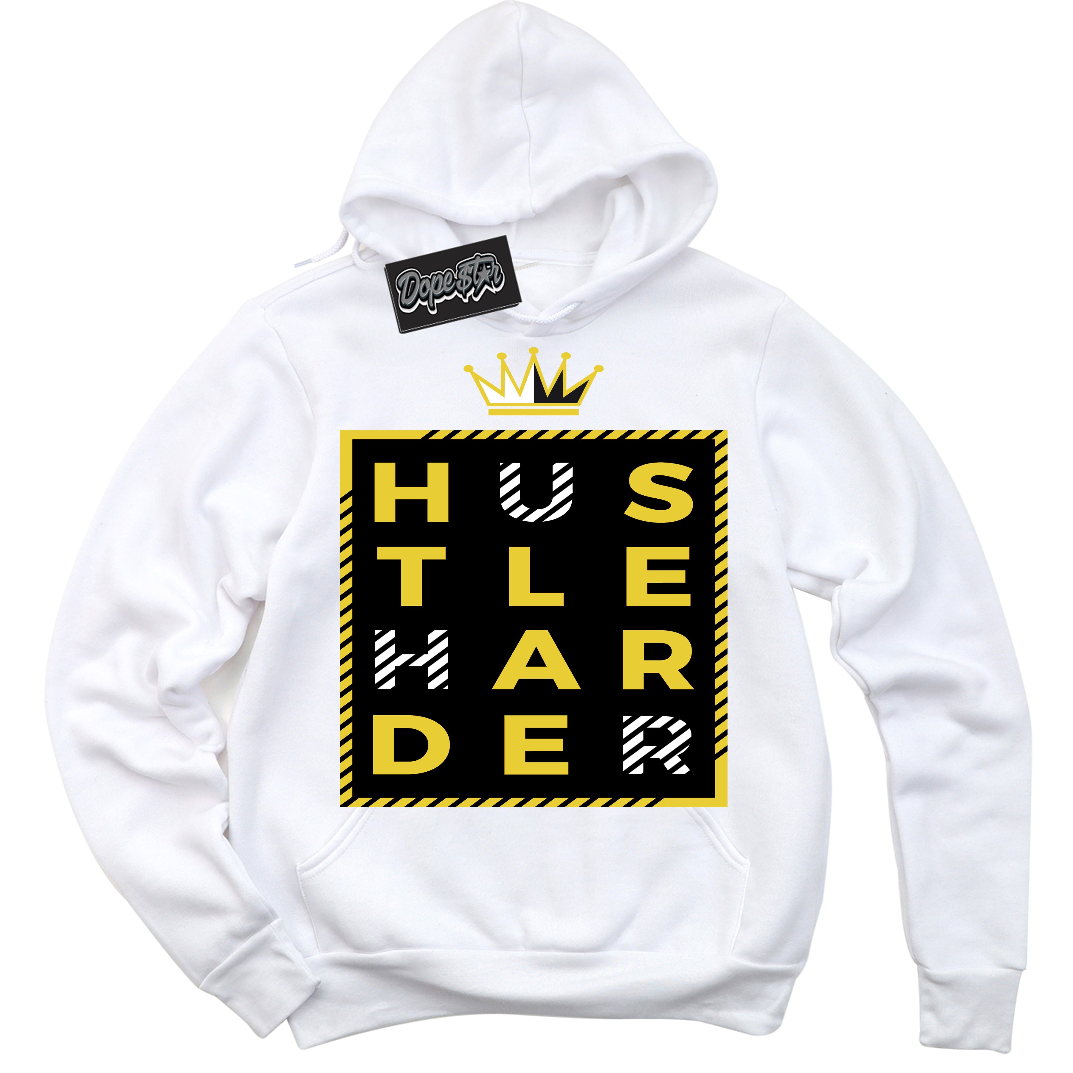 Cool White Hoodie with “ Hustle Harder ”  design that Perfectly Matches Vivid Sulfur 4s Jordans.
