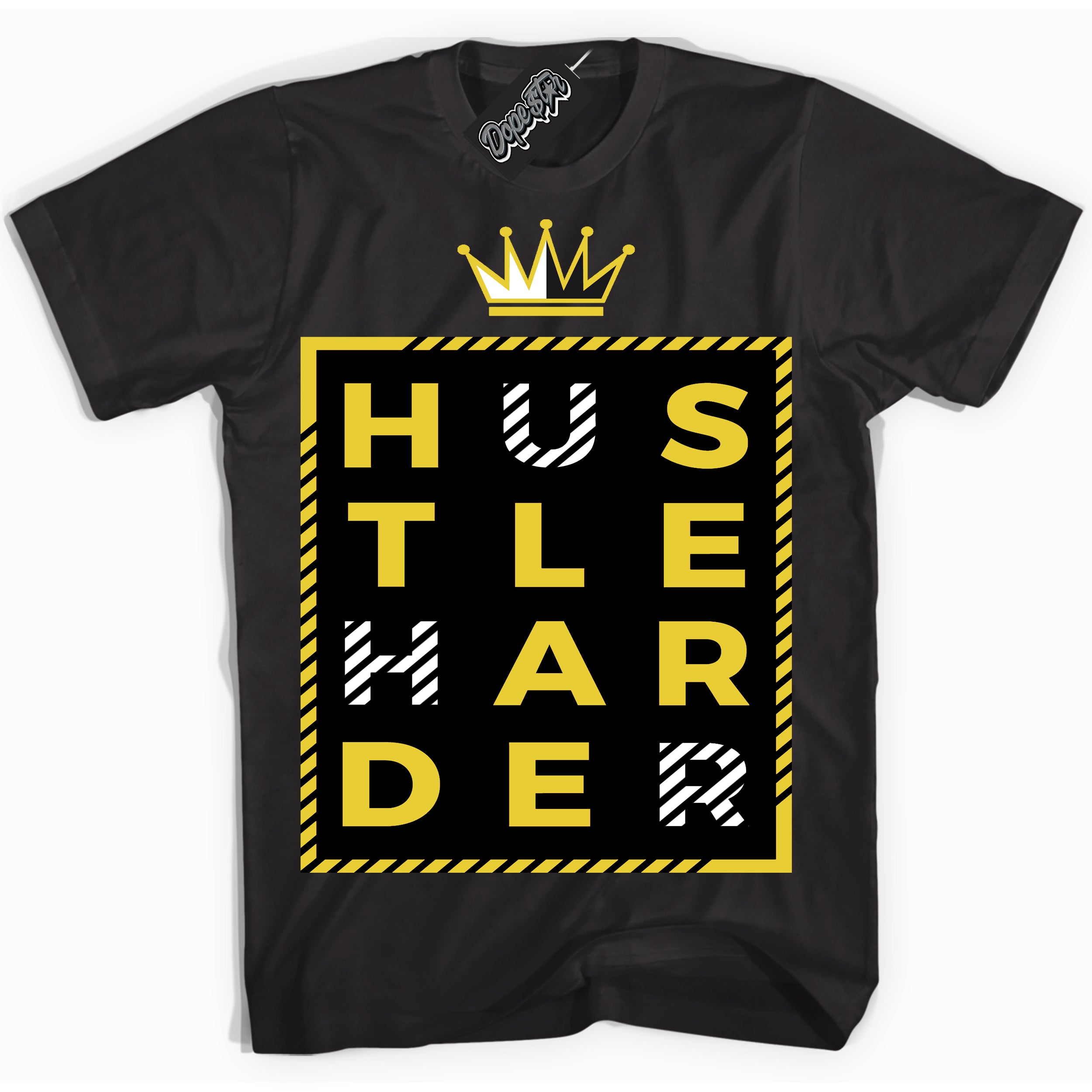 Cool Black Shirt with “ Hustle Harder” design that perfectly matches Vivid Sulfur 4s Jordans.
