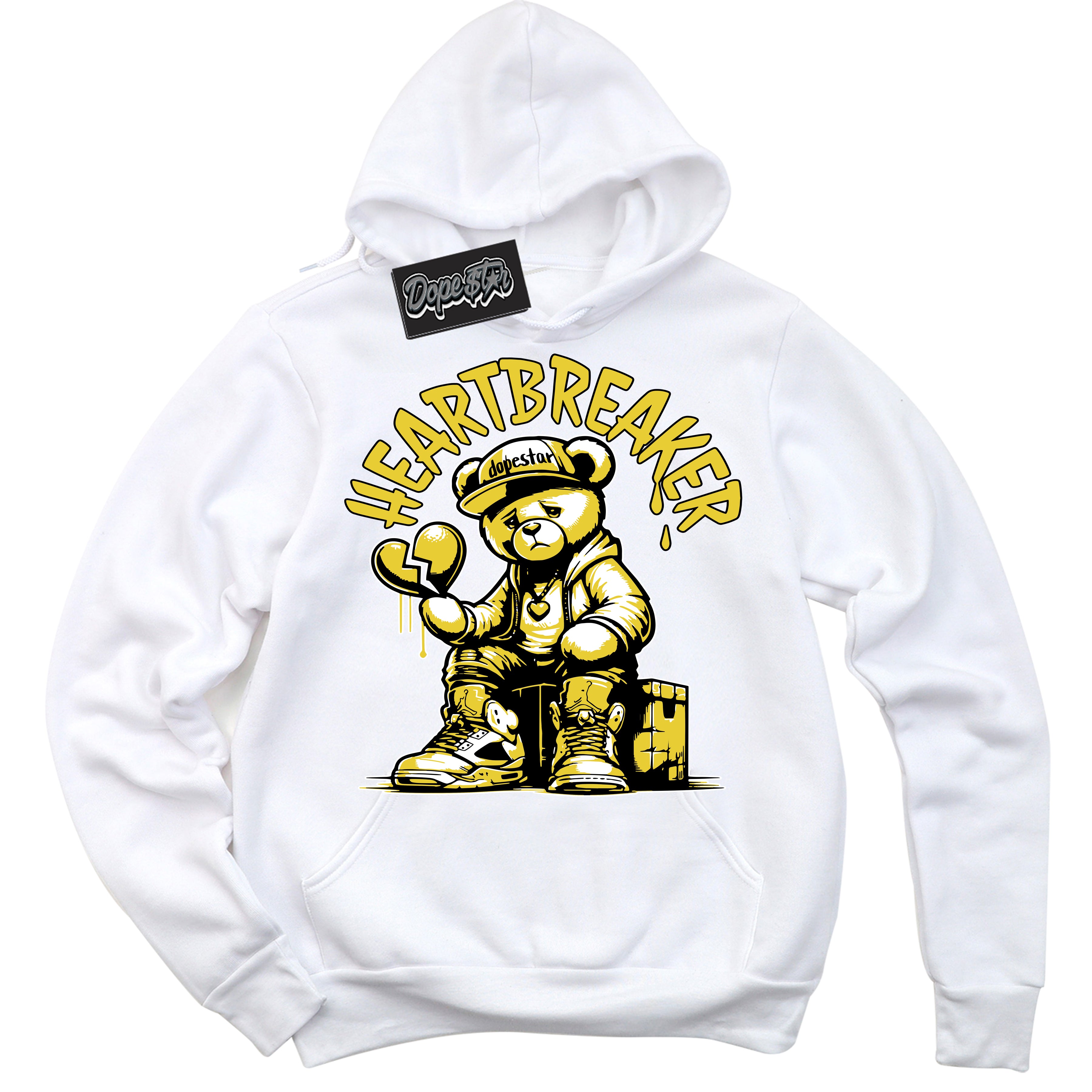 Cool White Hoodie with “ Heartbreaker Bear ”  design that Perfectly Matches Vivid Sulfur 4s Jordans.
