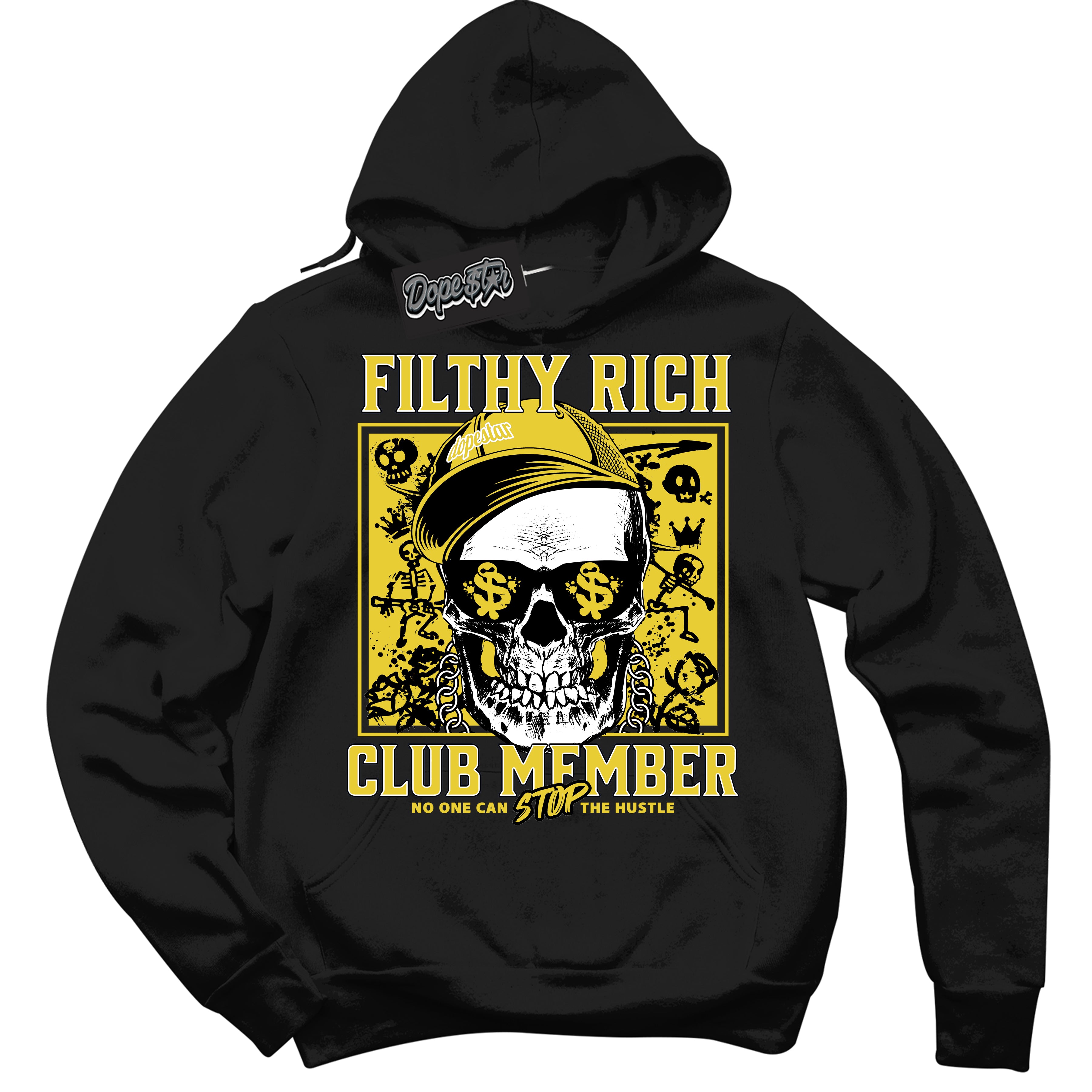 Cool Black Hoodie with “ Filthy Rich ”  design that Perfectly Matches Vivid Sulfur 4s Sneakers.