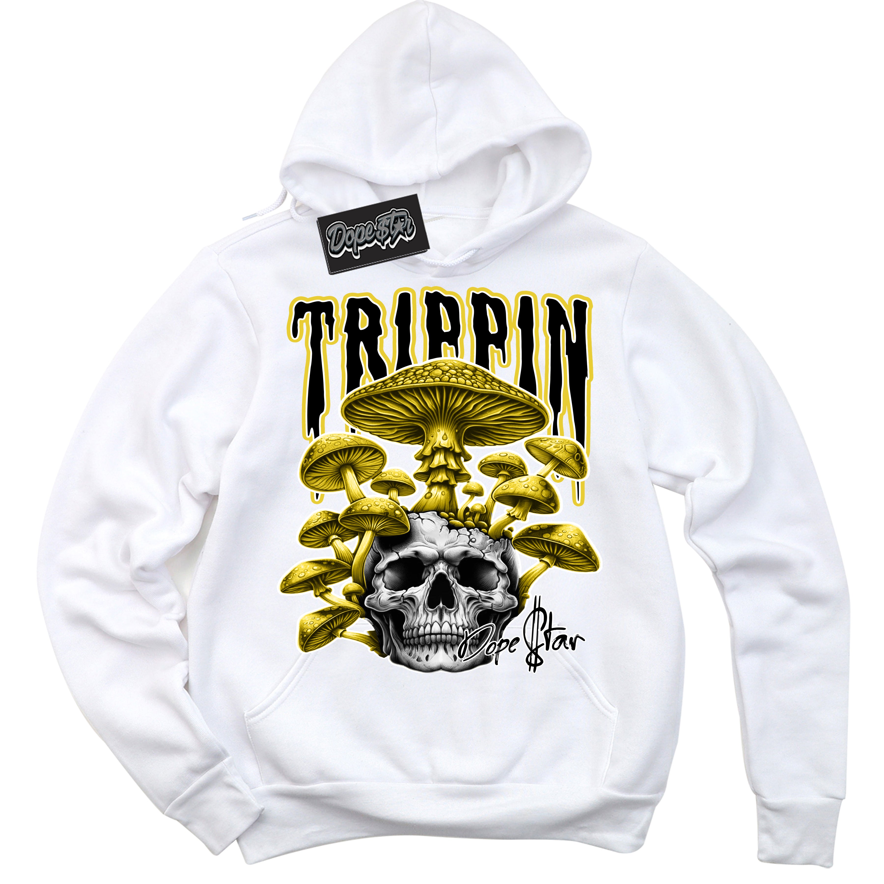 Cool White Hoodie with “Trippin” design that Perfectly Matches Vivid Sulfur 4s Sneakers.