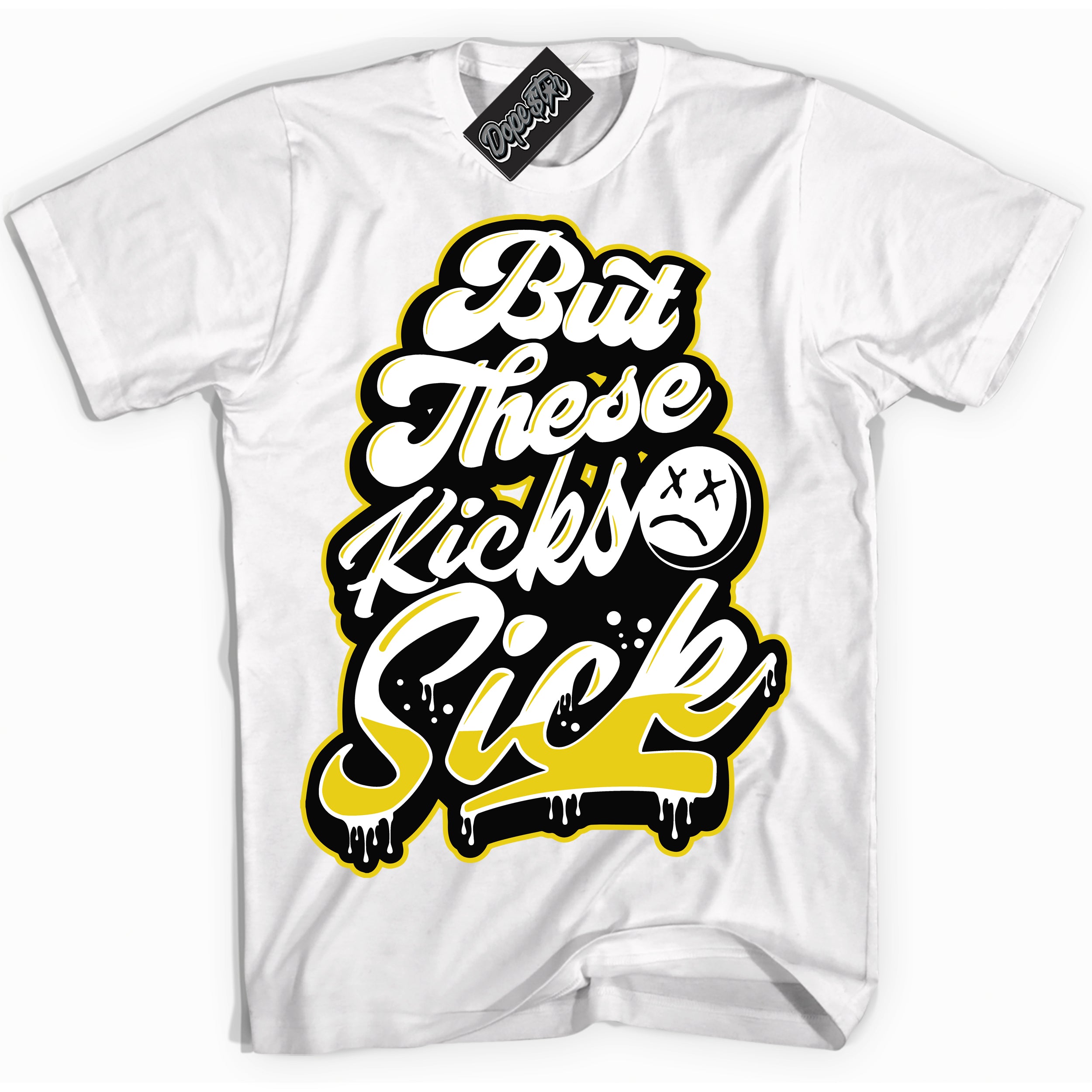 Cool White Shirt with “ Kick Sick” design that perfectly matches Vivid Sulfur 4s Jordans.
