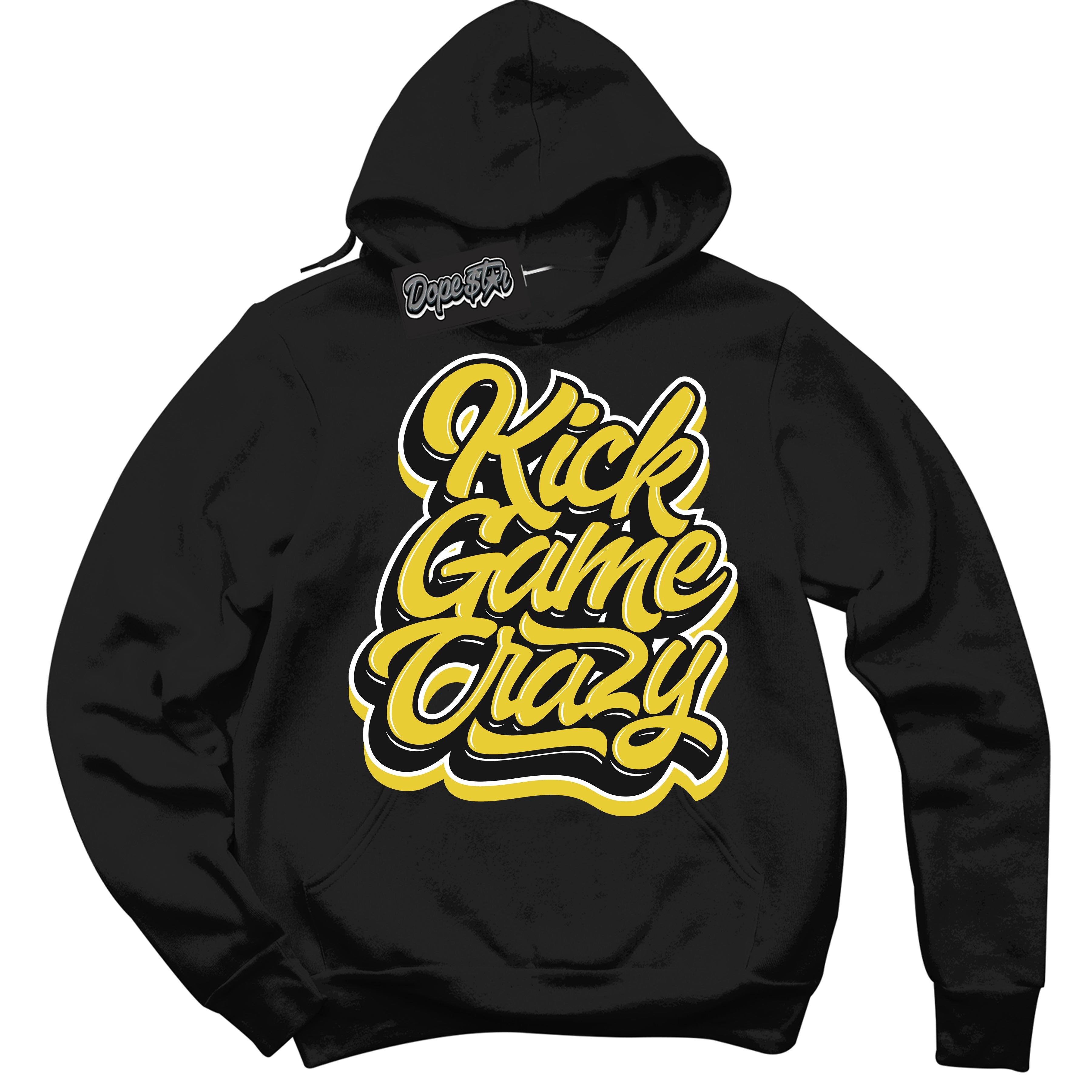 Cool Black Hoodie with “ Kick Game Crazy ”  design that Perfectly Matches Vivid Sulfur 4s Jordans.
