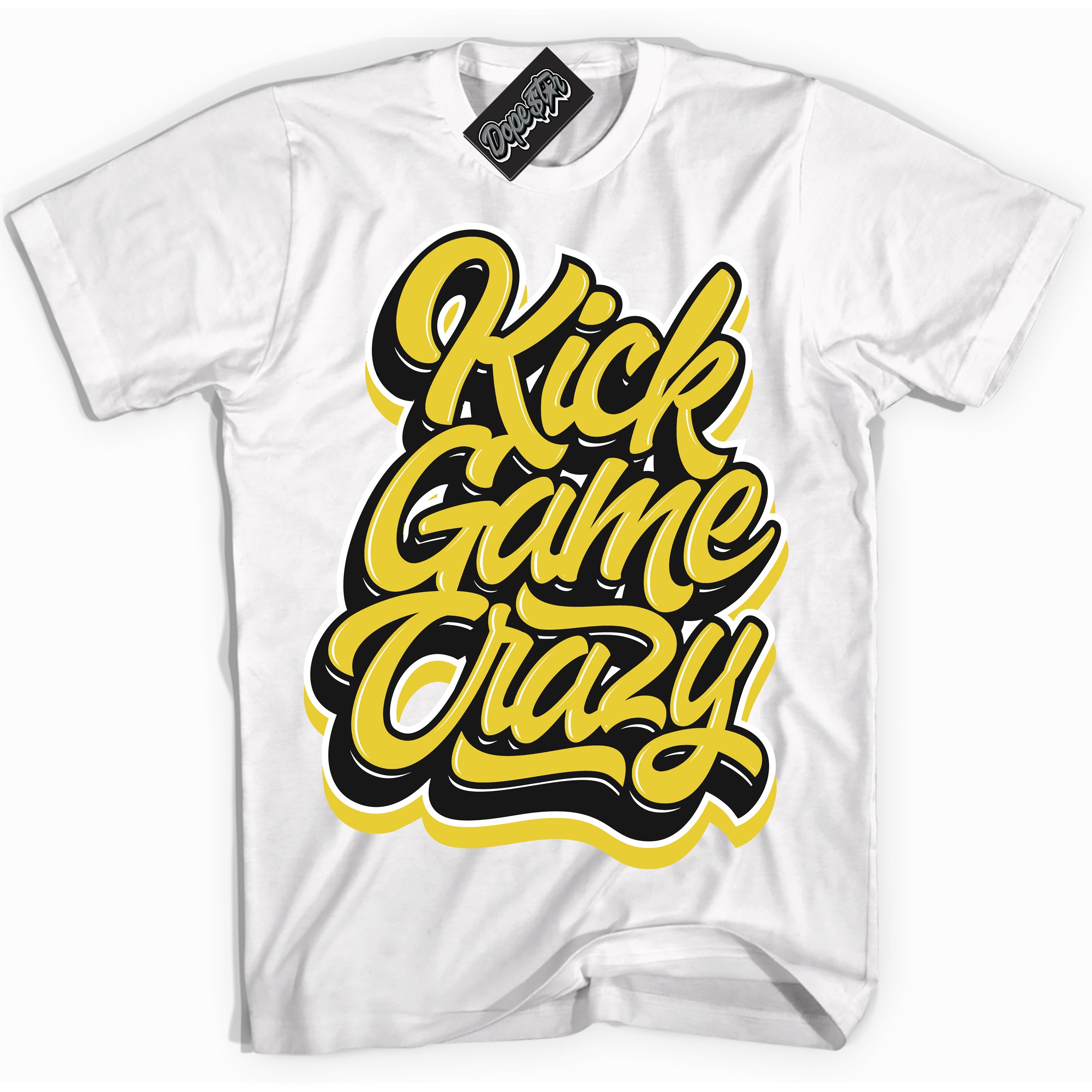 Cool White Shirt with “ Kick Game Crazy” design that perfectly matches Vivid Sulfur 4s Jordans.
