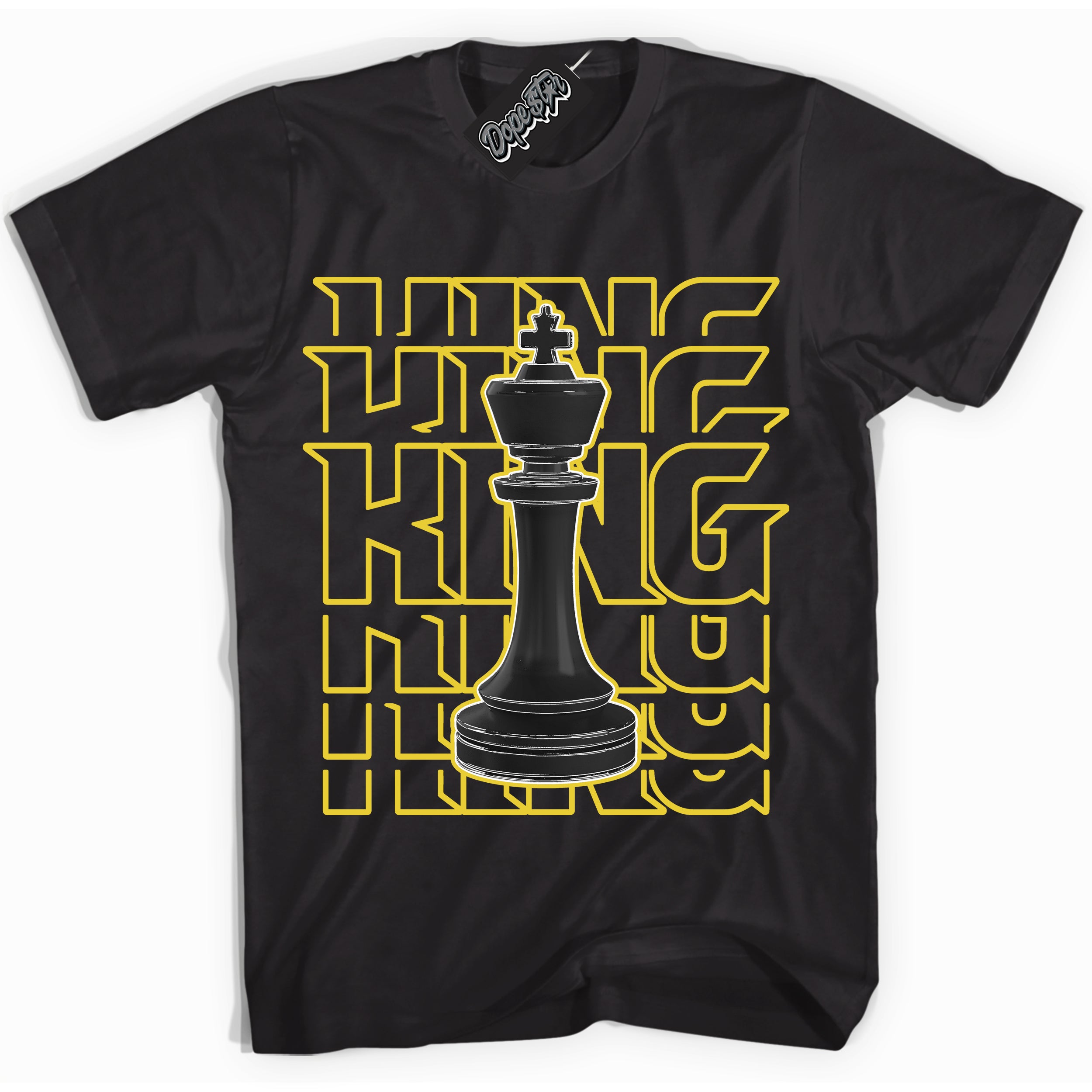 Cool Black Shirt with “ King Chess” design that perfectly matches Vivid Sulfur 4s Jordans.
