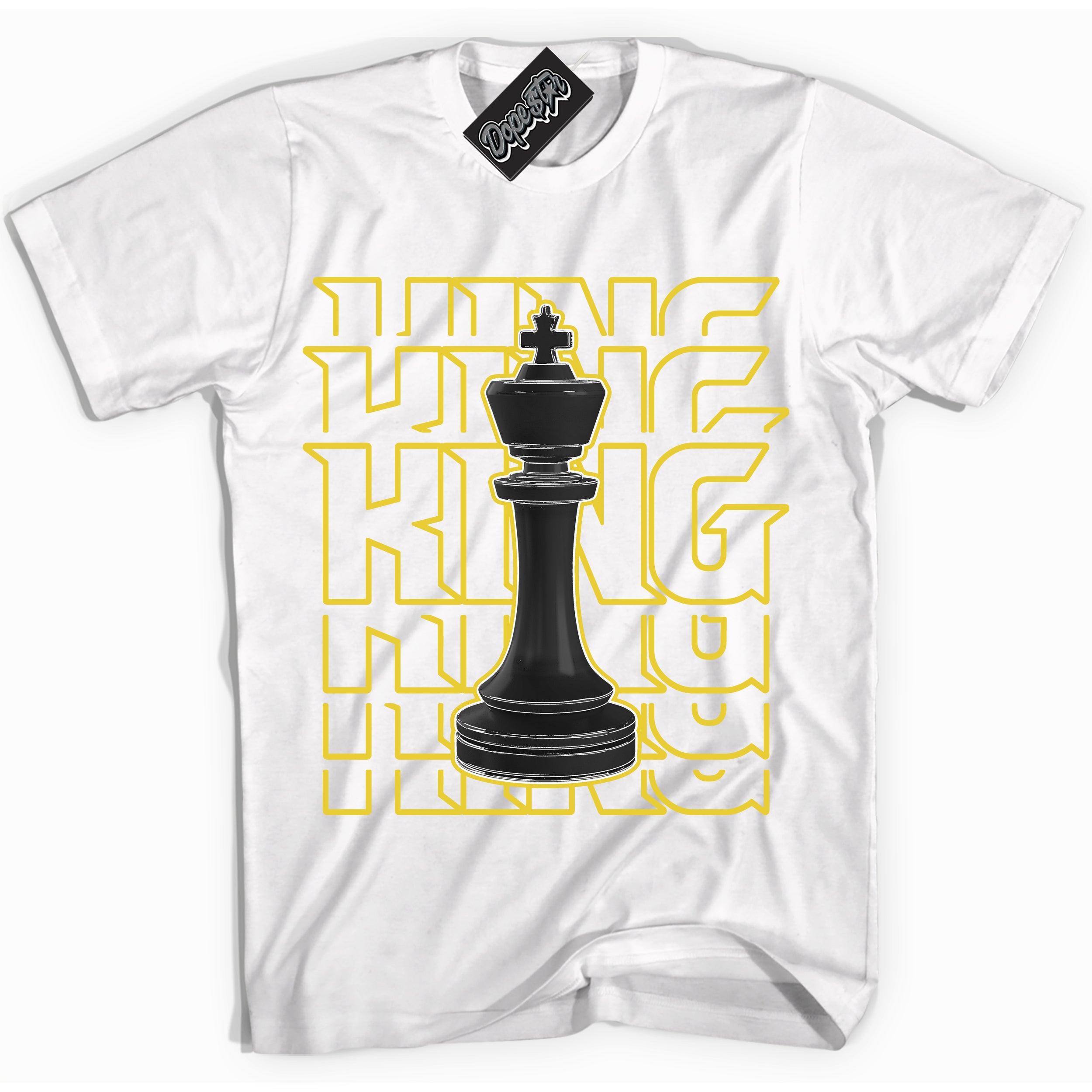 Cool White Shirt with “ King Chess” design that perfectly matches Vivid Sulfur 4s Jordans.
