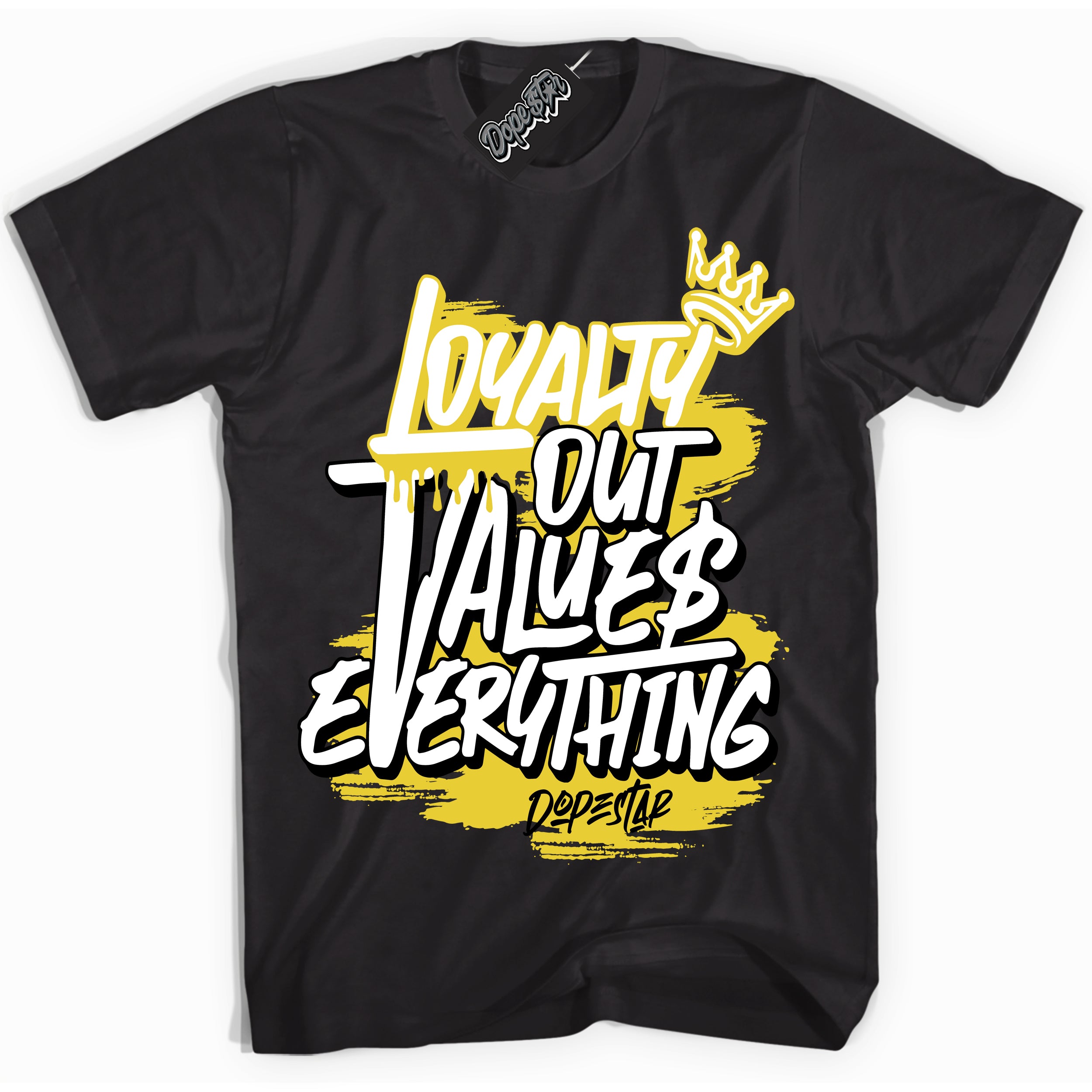 Cool Black Shirt with “ Loyalty Out Values Everything” design that perfectly matches Vivid Sulfur 4s Jordans.
