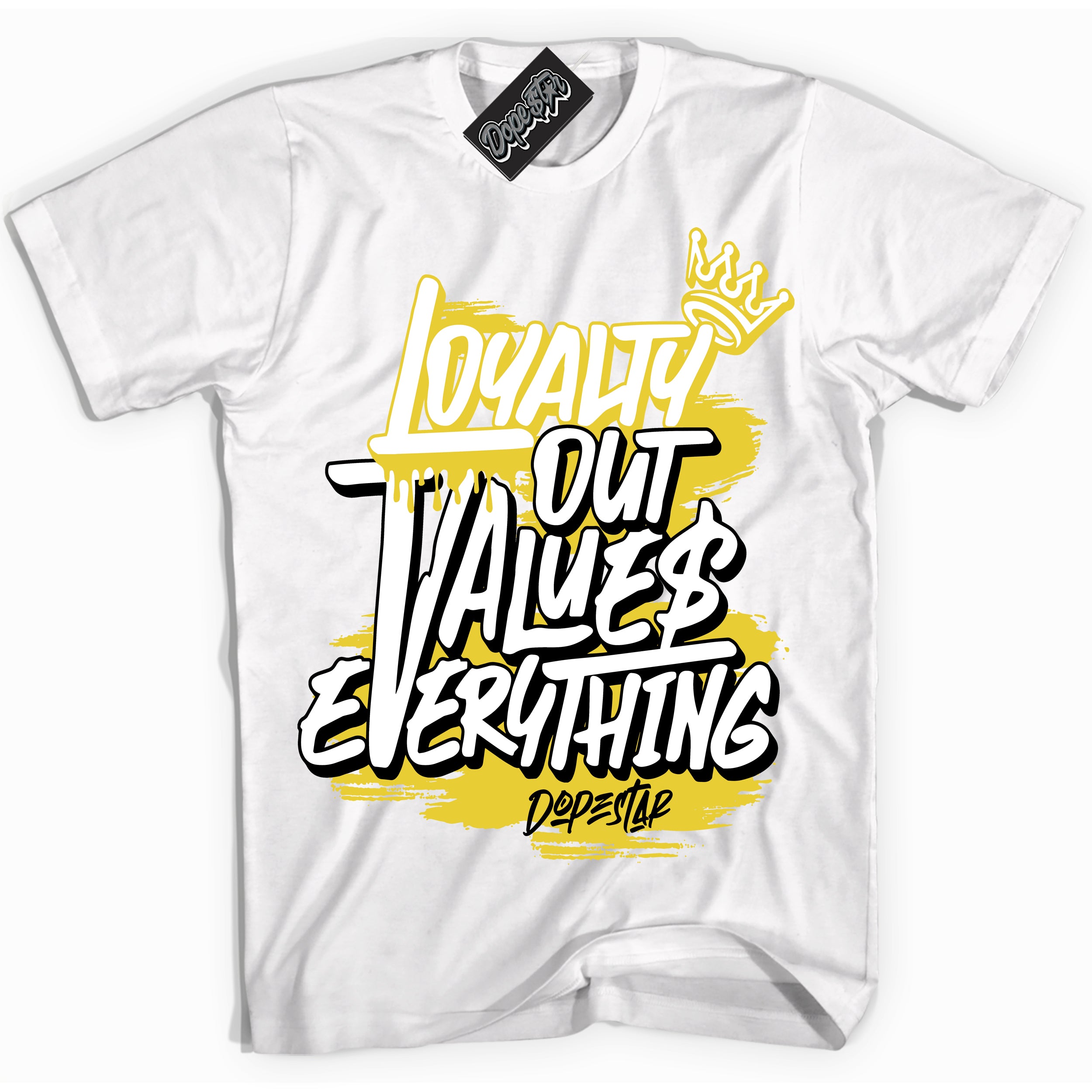 Cool White Shirt with “ Loyalty Out Values Everything” design that perfectly matches Vivid Sulfur 4s Jordans.
