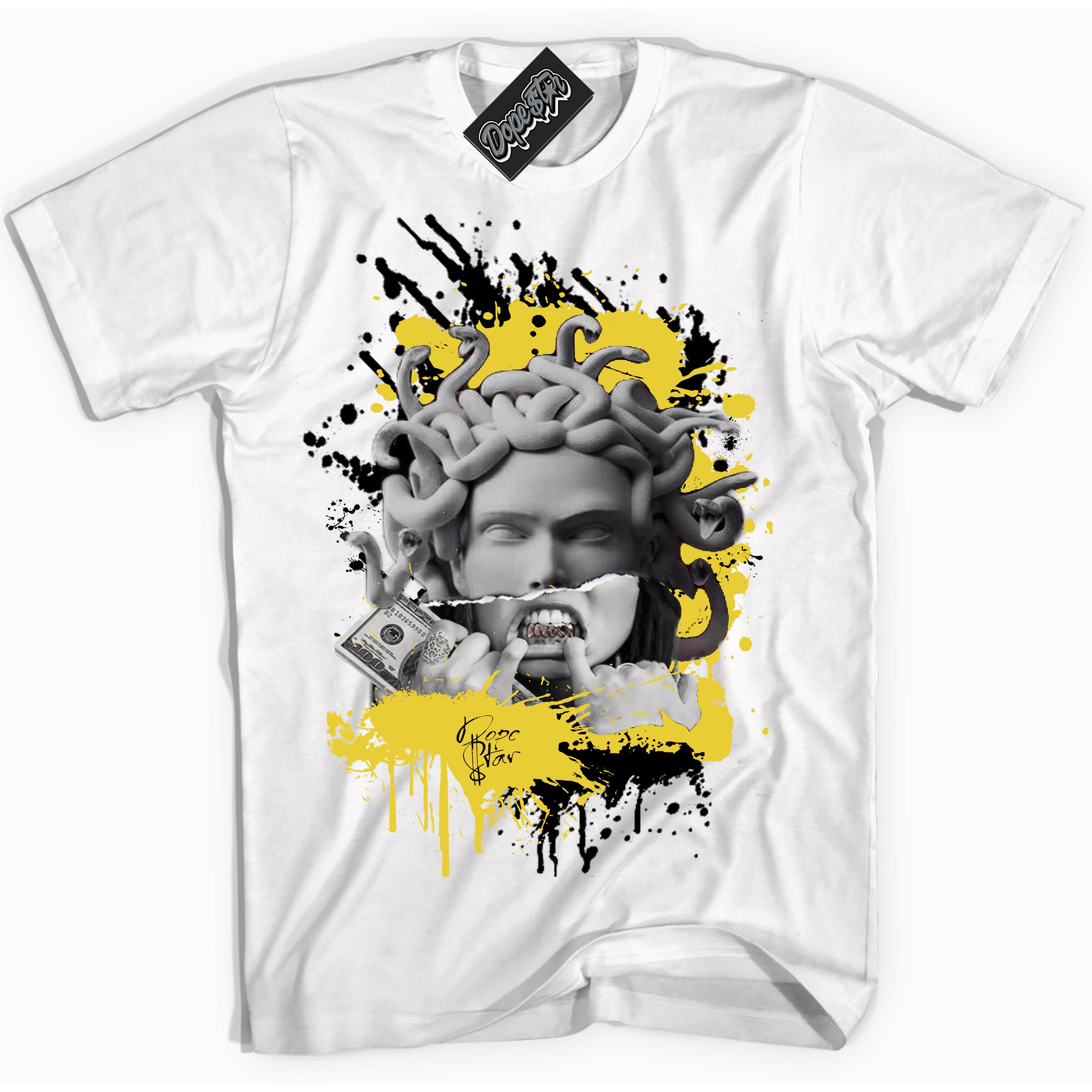 Cool White Shirt with “ Medusa” design that perfectly matches Vivid Sulfur 4s Jordans.
