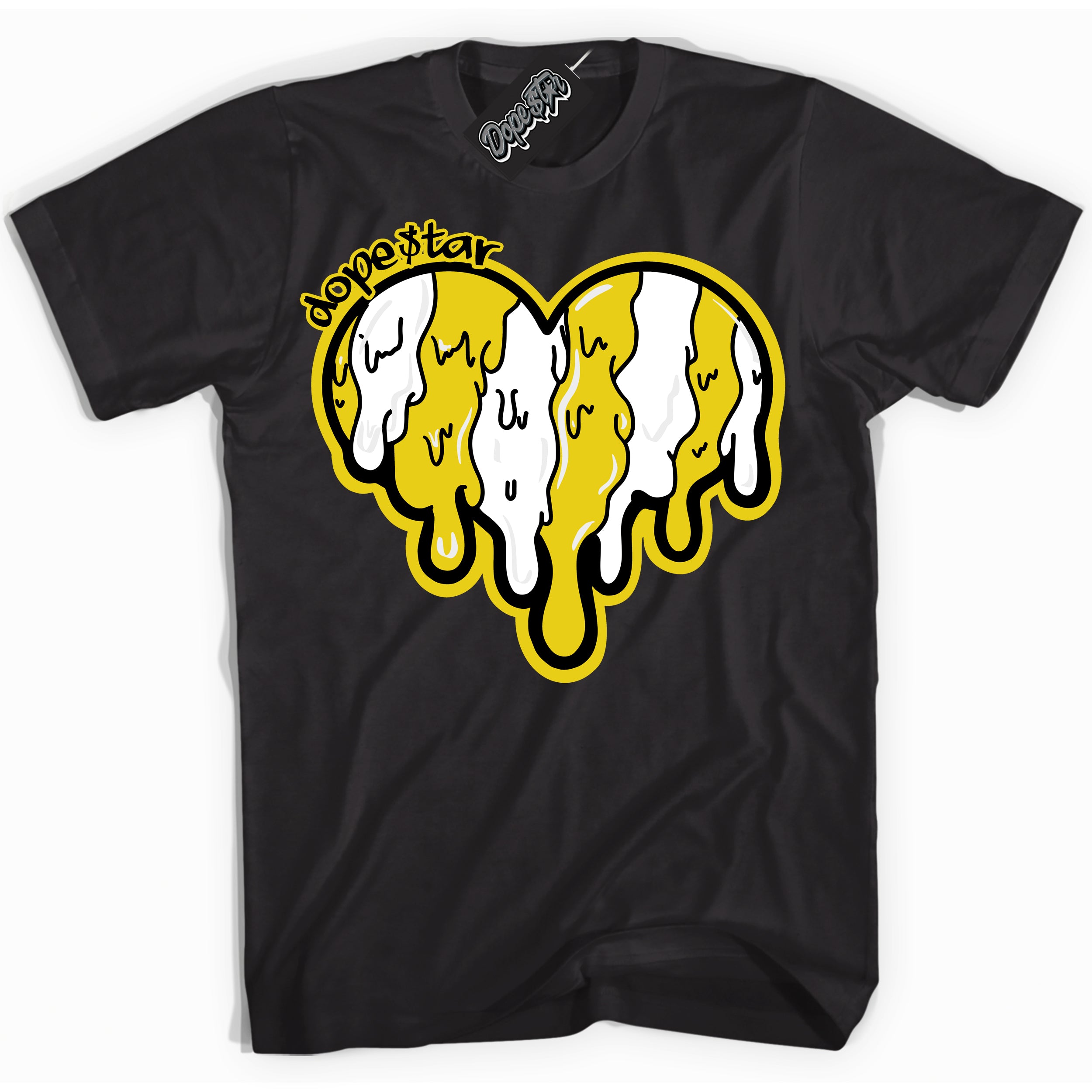 Cool Black Shirt with “ Melting Heart” design that perfectly matches Vivid Sulfur 4s Jordans.
