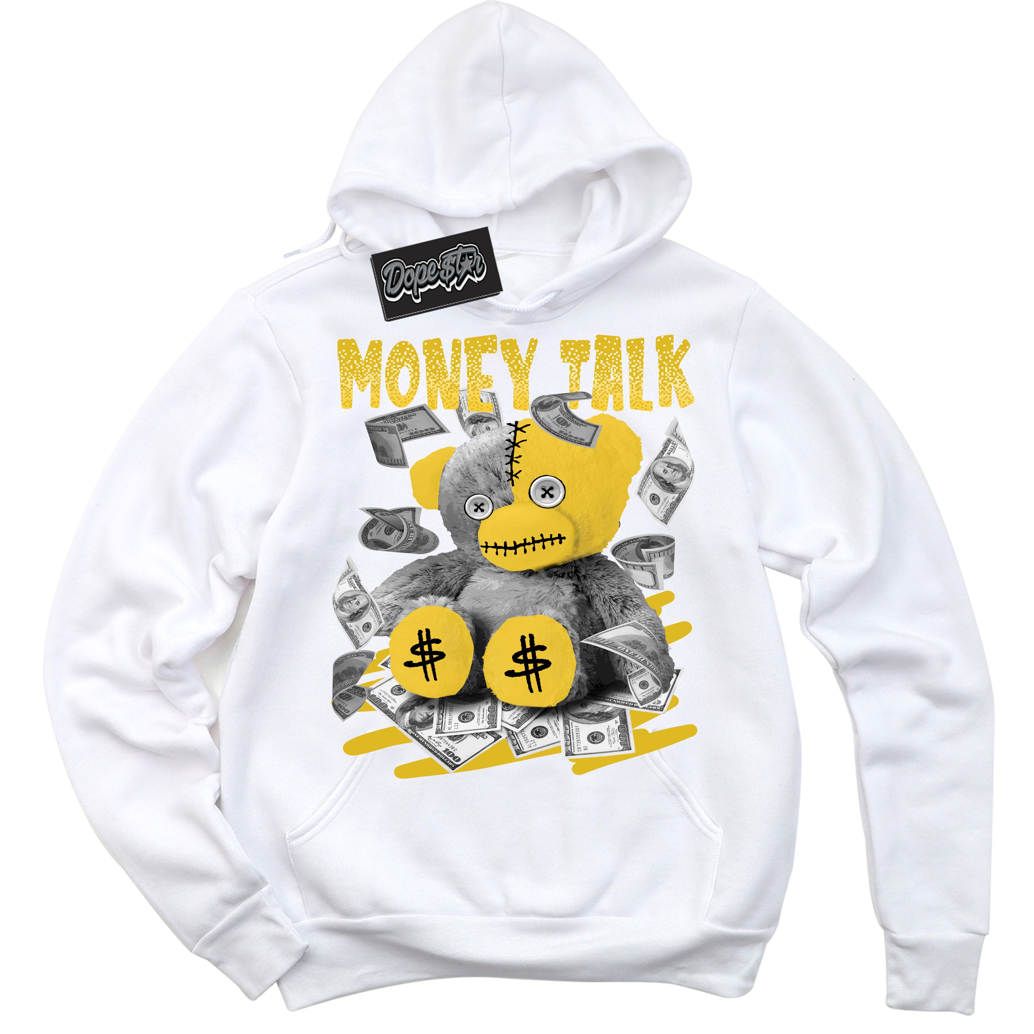 Cool White Hoodie with “ Money Talk Bear ”  design that Perfectly Matches Vivid Sulfur 4s Jordans.
