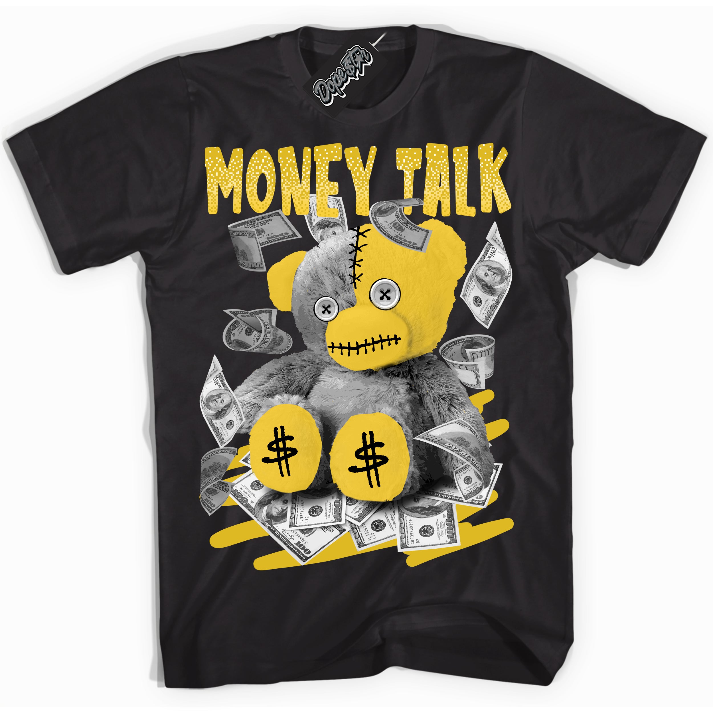 Cool Black Shirt with “ Money Talk Bear” design that perfectly matches Vivid Sulfur 4s Jordans.
