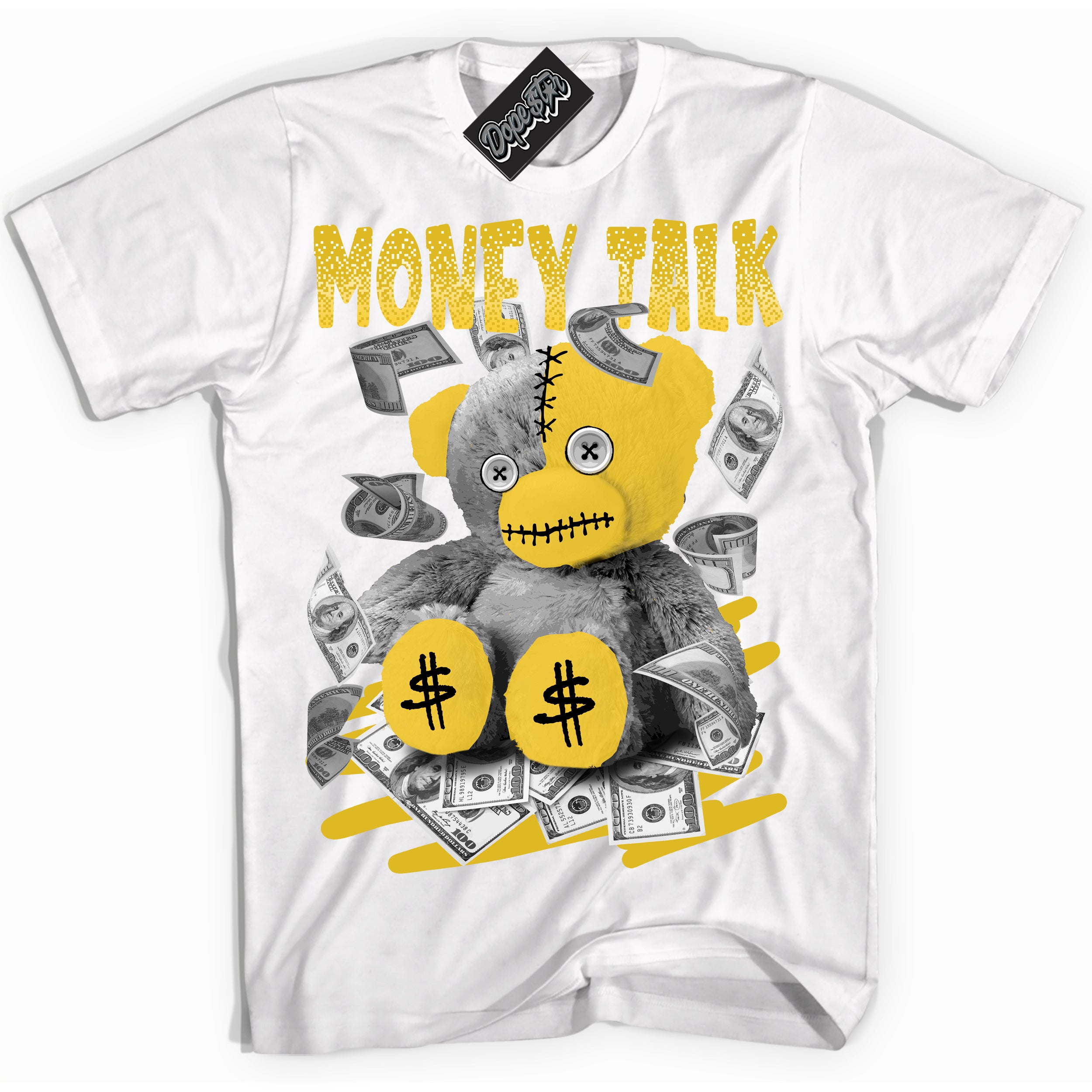 Cool White Shirt with “ Money Talk Bear” design that perfectly matches Vivid Sulfur 4s Jordans.
