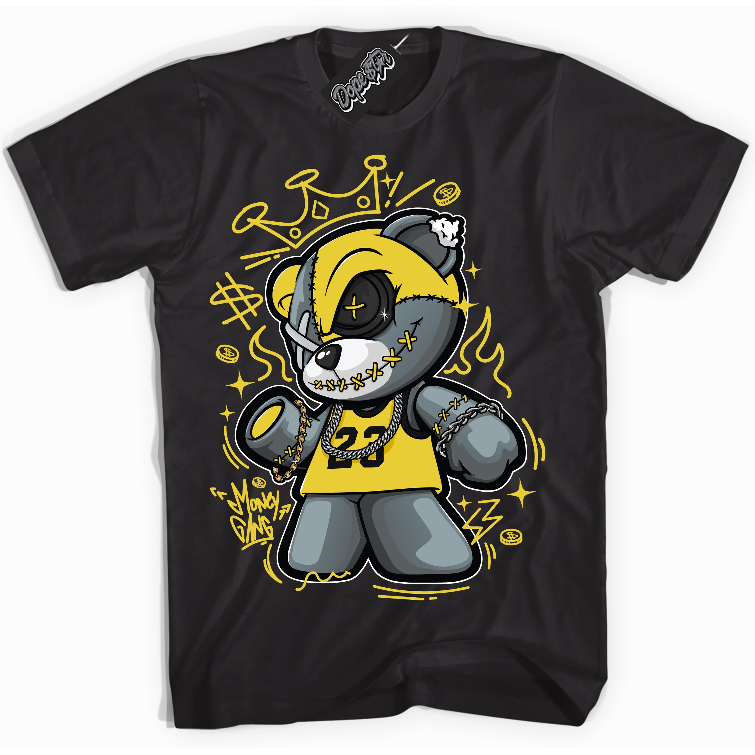 Cool Black Shirt with “ Money Gang Bear” design that perfectly matches Vivid Sulfur 4s Jordans.
