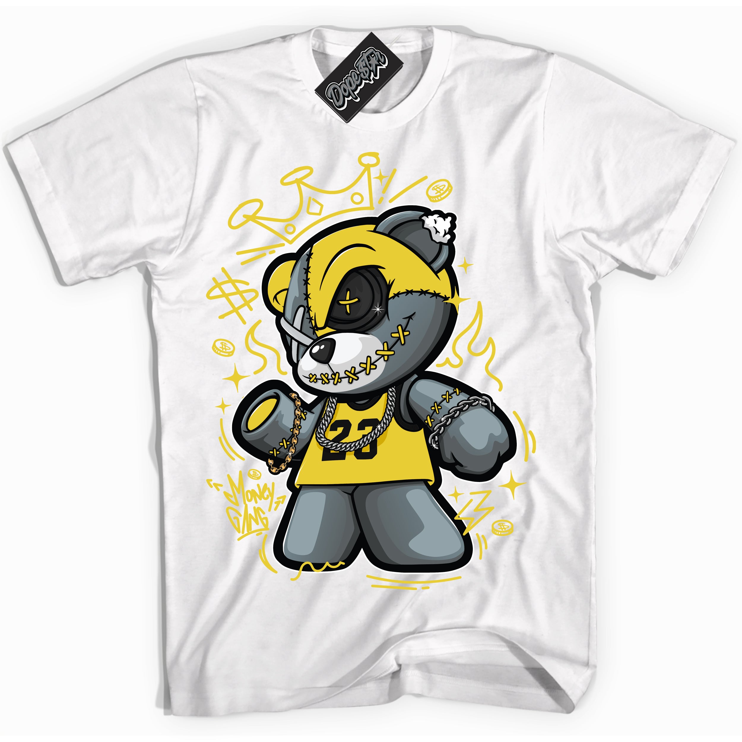 Cool White Shirt with “ Money Gang Bear” design that perfectly matches Vivid Sulfur 4s Jordans.
