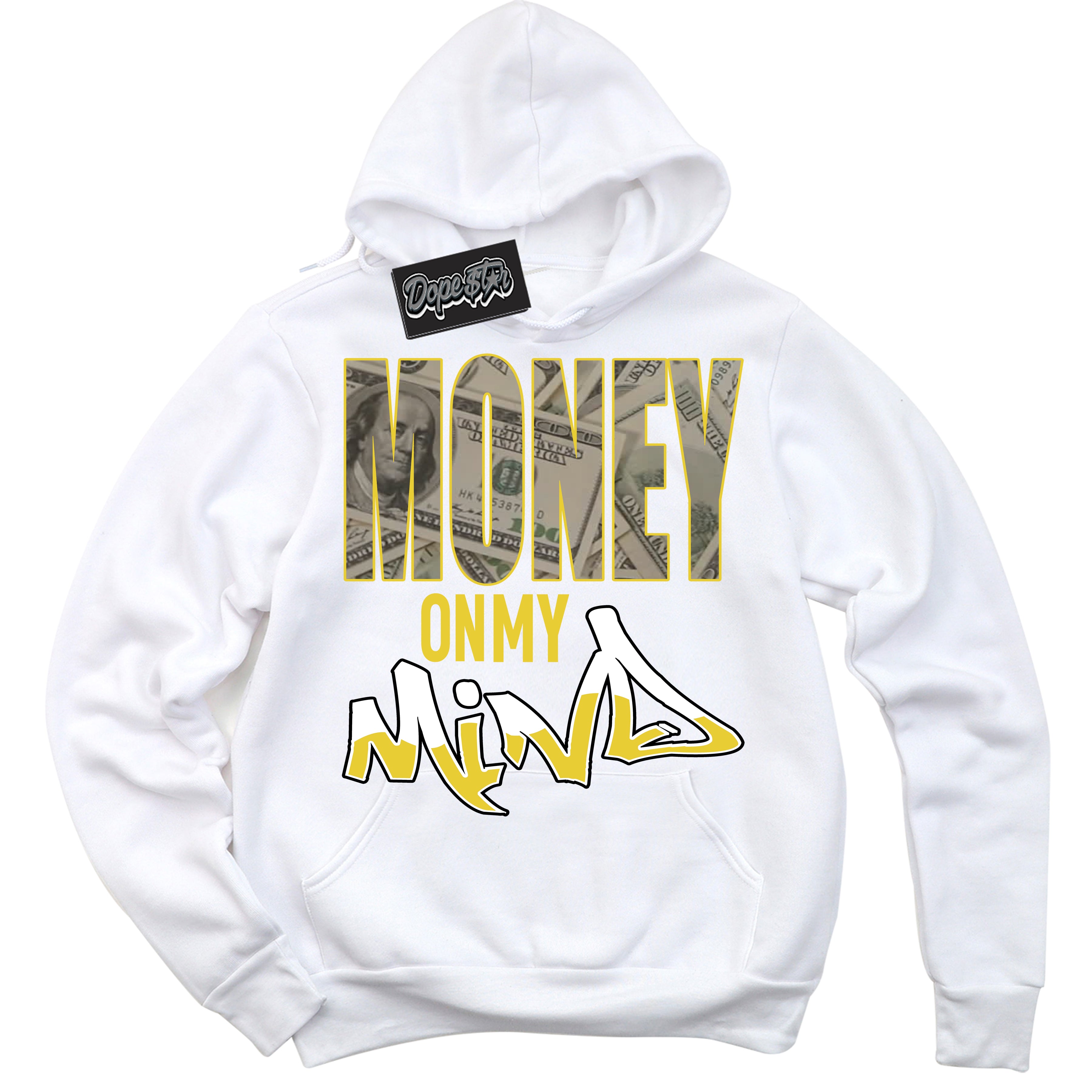 Cool White Hoodie with “ Money On My Mind ”  design that Perfectly Matches Vivid Sulfur 4s Jordans.
