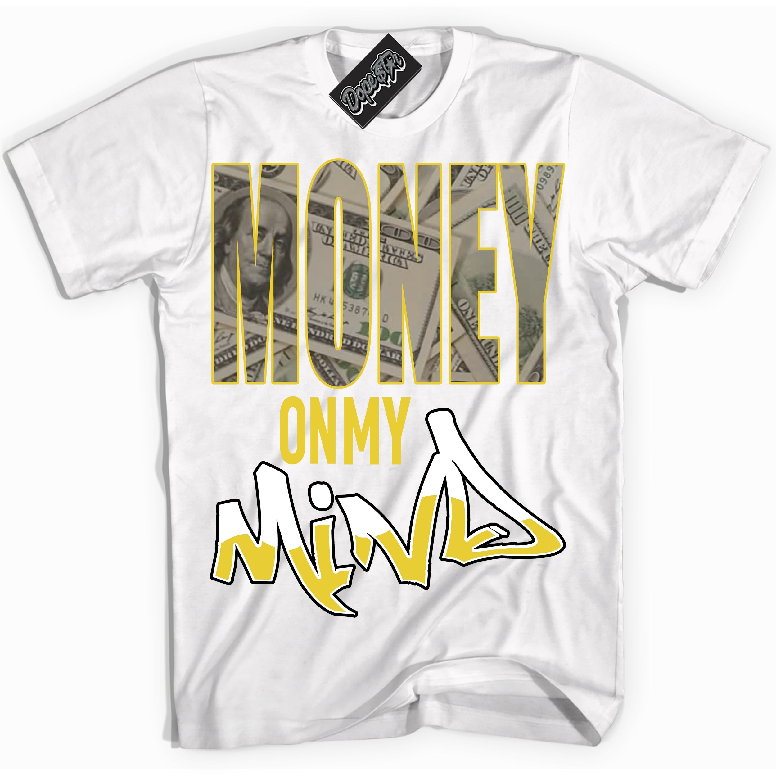 Cool White Shirt with “ Money On My Mind” design that perfectly matches Vivid Sulfur 4s Jordans.
