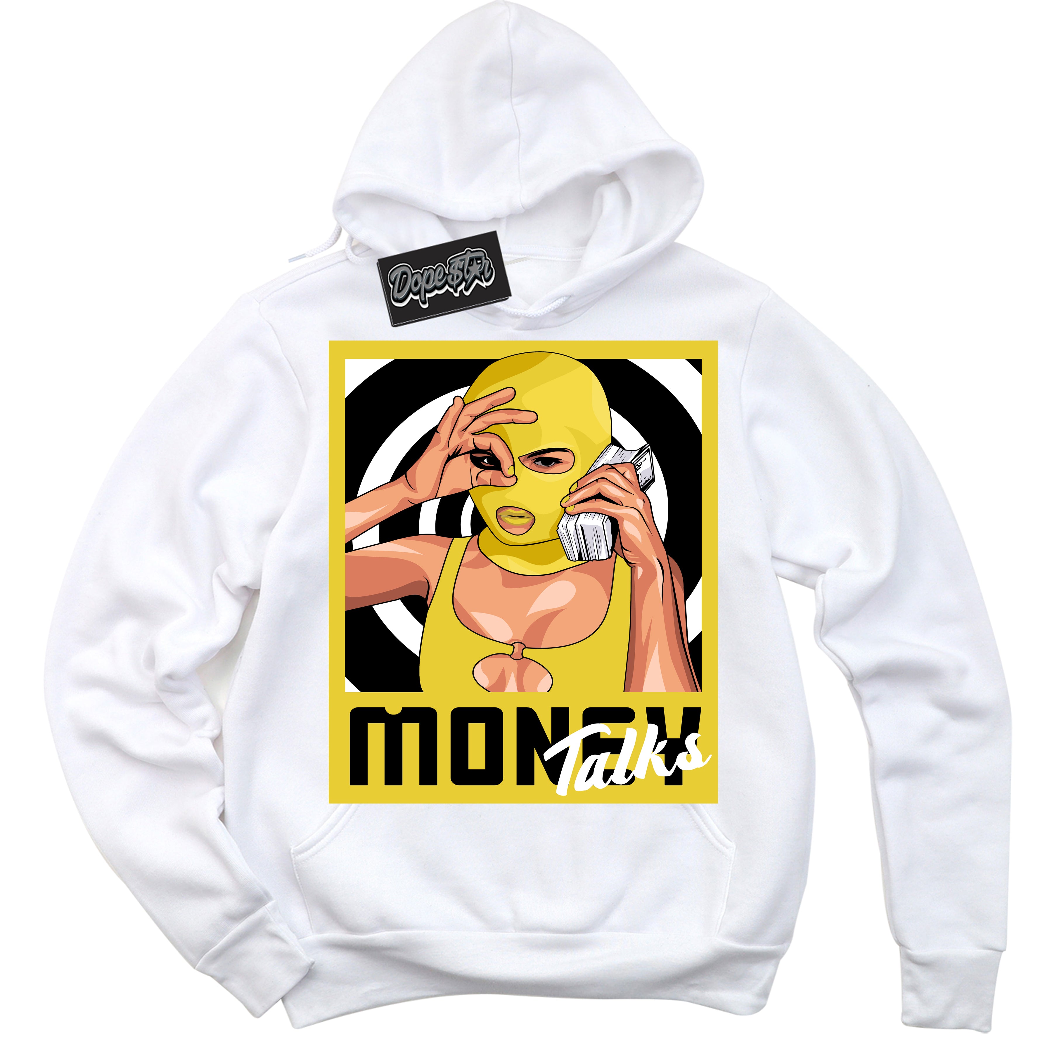 Cool White Hoodie with “ Money Talks ”  design that Perfectly Matches Vivid Sulfur 4s Jordans.
