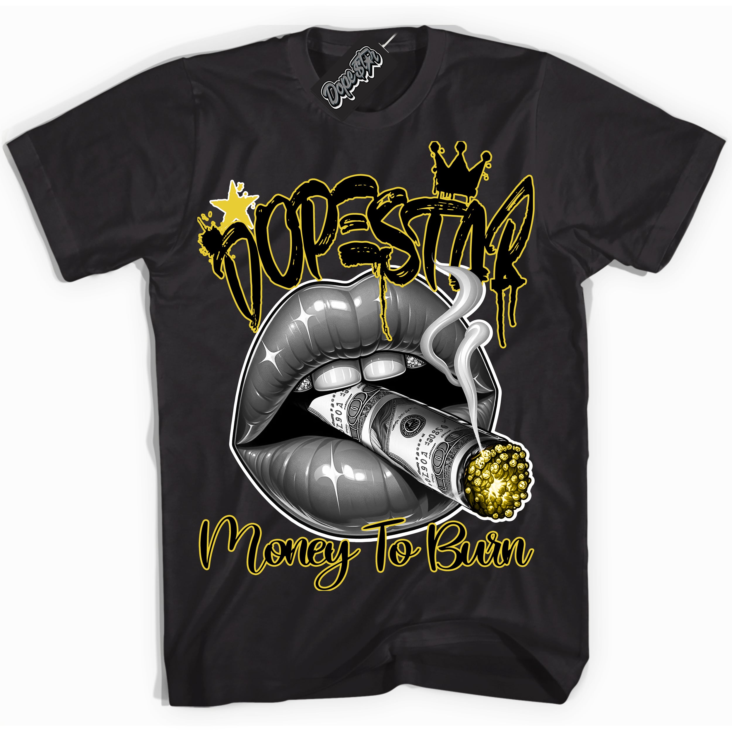 Cool Black Shirt with “ Money To Burn” design that perfectly matches Vivid Sulfur 4s Sneakers.