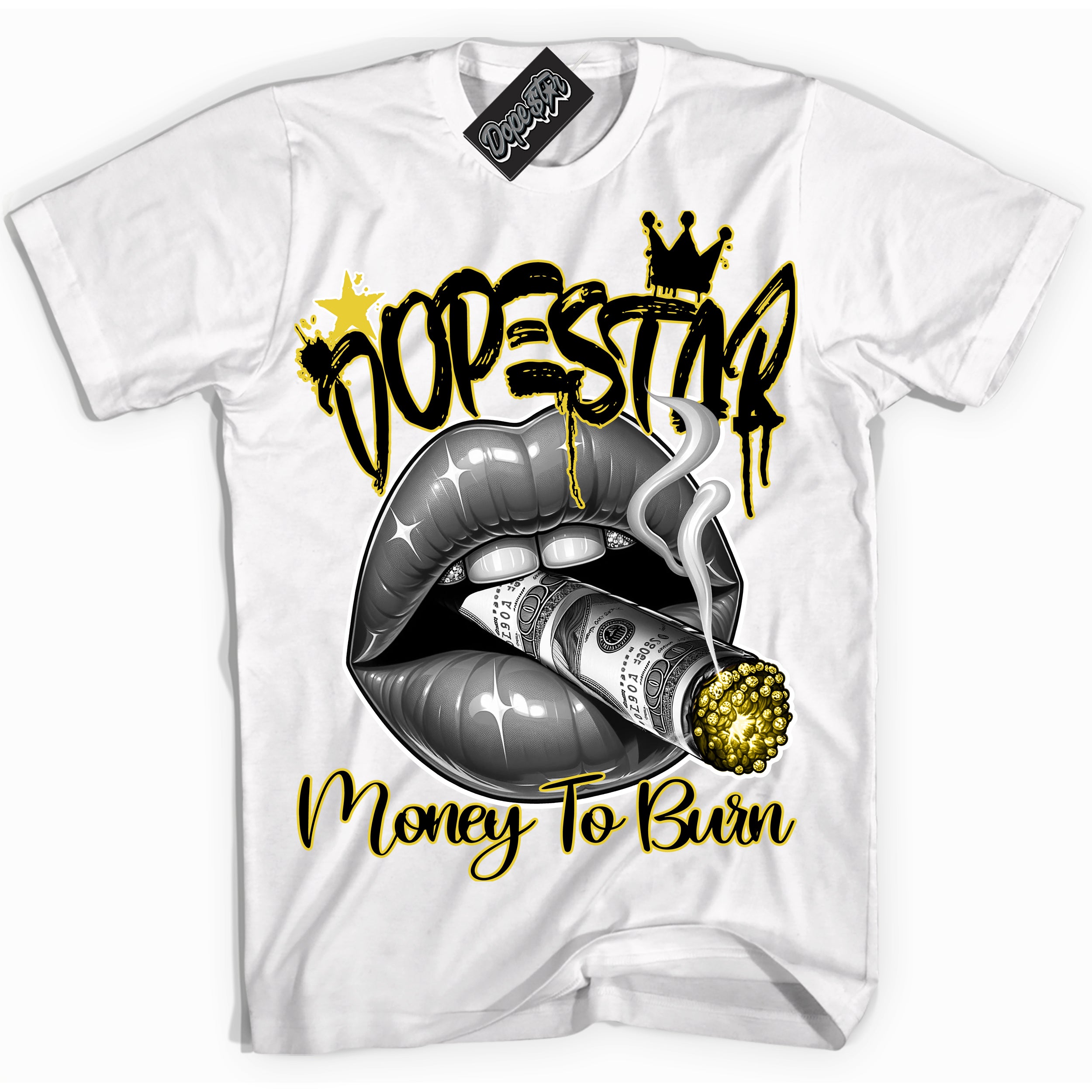 Cool White Shirt with “ Money To Burn” design that perfectly matches Vivid Sulfur 4s Sneakers.