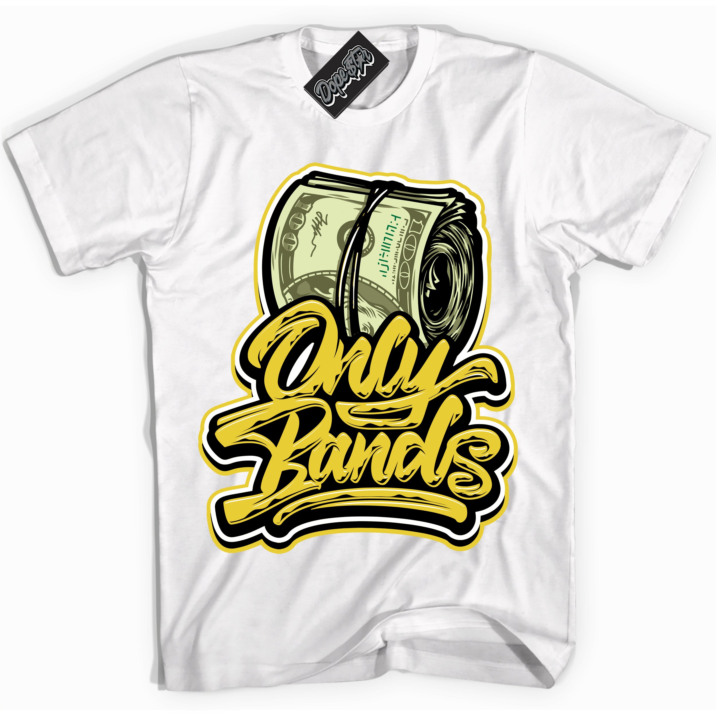 Cool White Shirt with “ Only Bands” design that perfectly matches Vivid Sulfur 4s Jordans.
