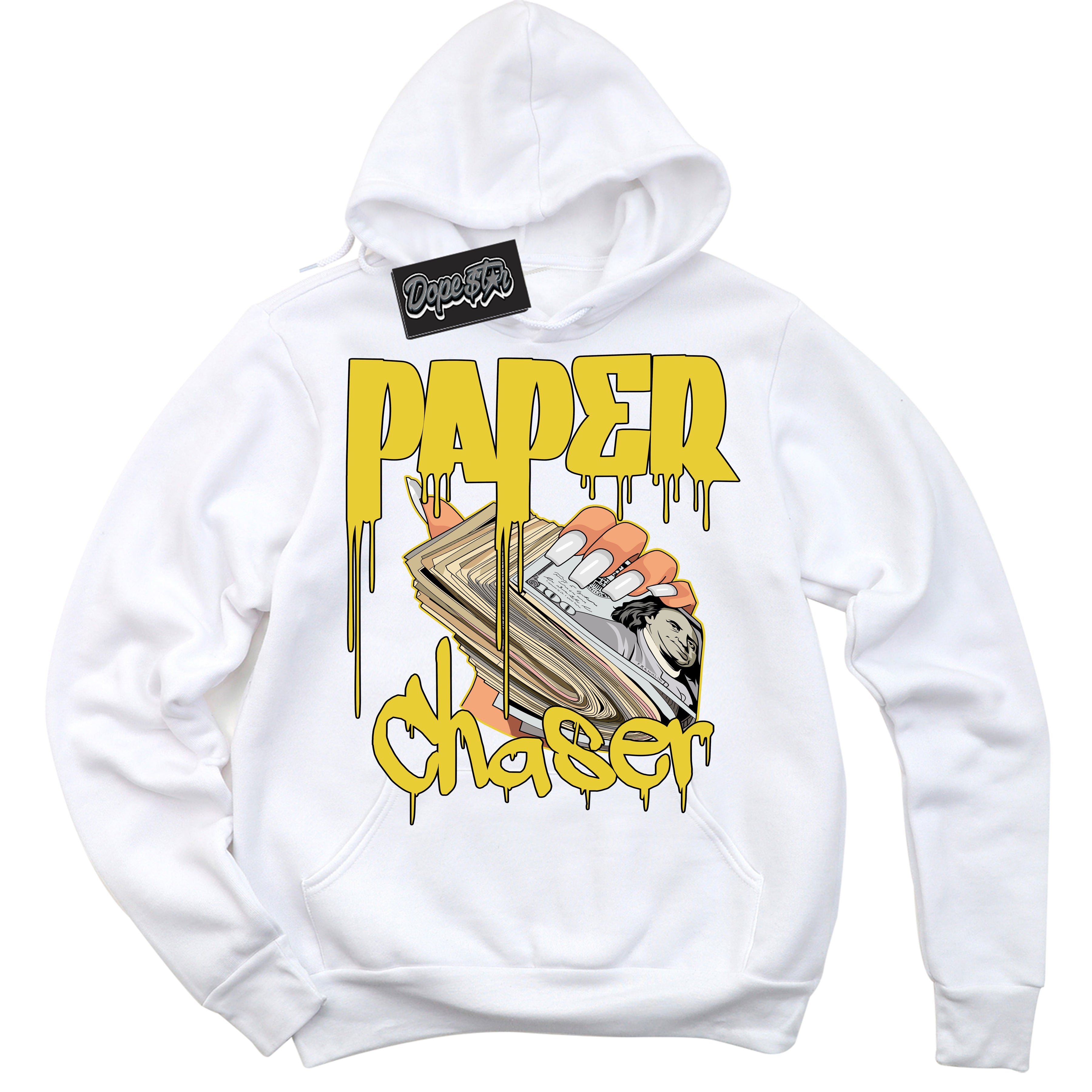 Cool White Hoodie with “ Paper Chaser ”  design that Perfectly Matches Vivid Sulfur 4s Jordans.