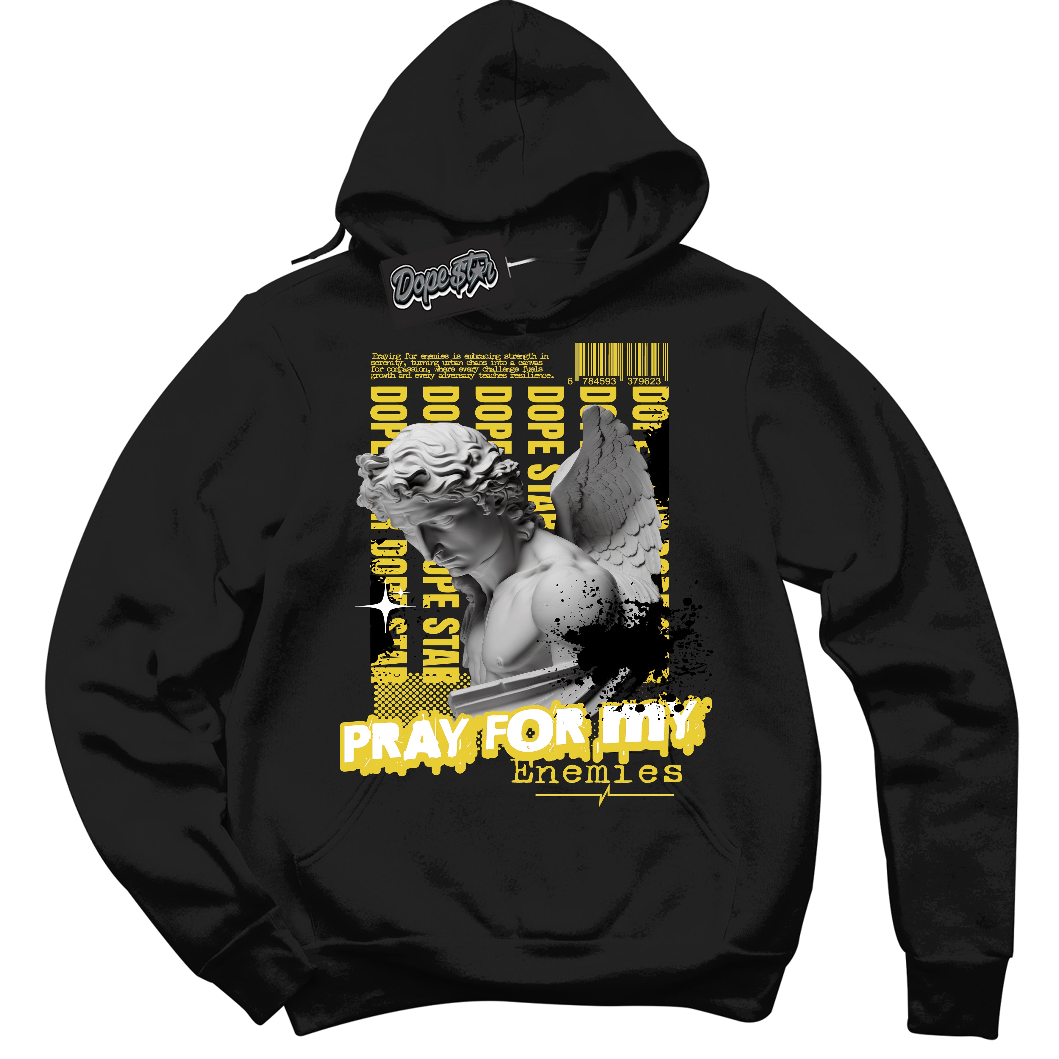 Cool Black Hoodie with “ Pray Enemies ”  design that Perfectly Matches Vivid Sulfur 4s Sneakers.