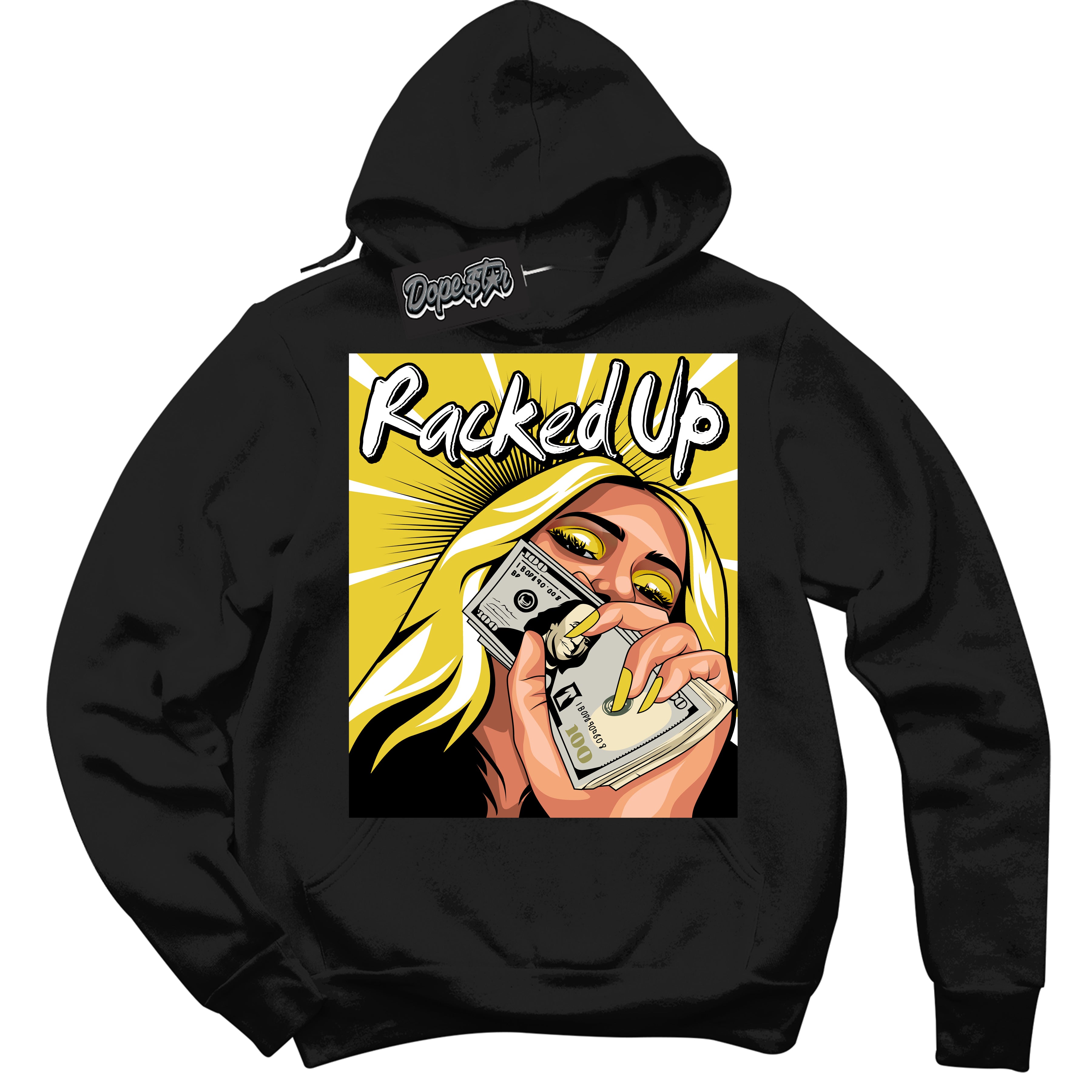 Cool Black Hoodie with “ Racked Up ”  design that Perfectly Matches Vivid Sulfur 4s Jordans.
