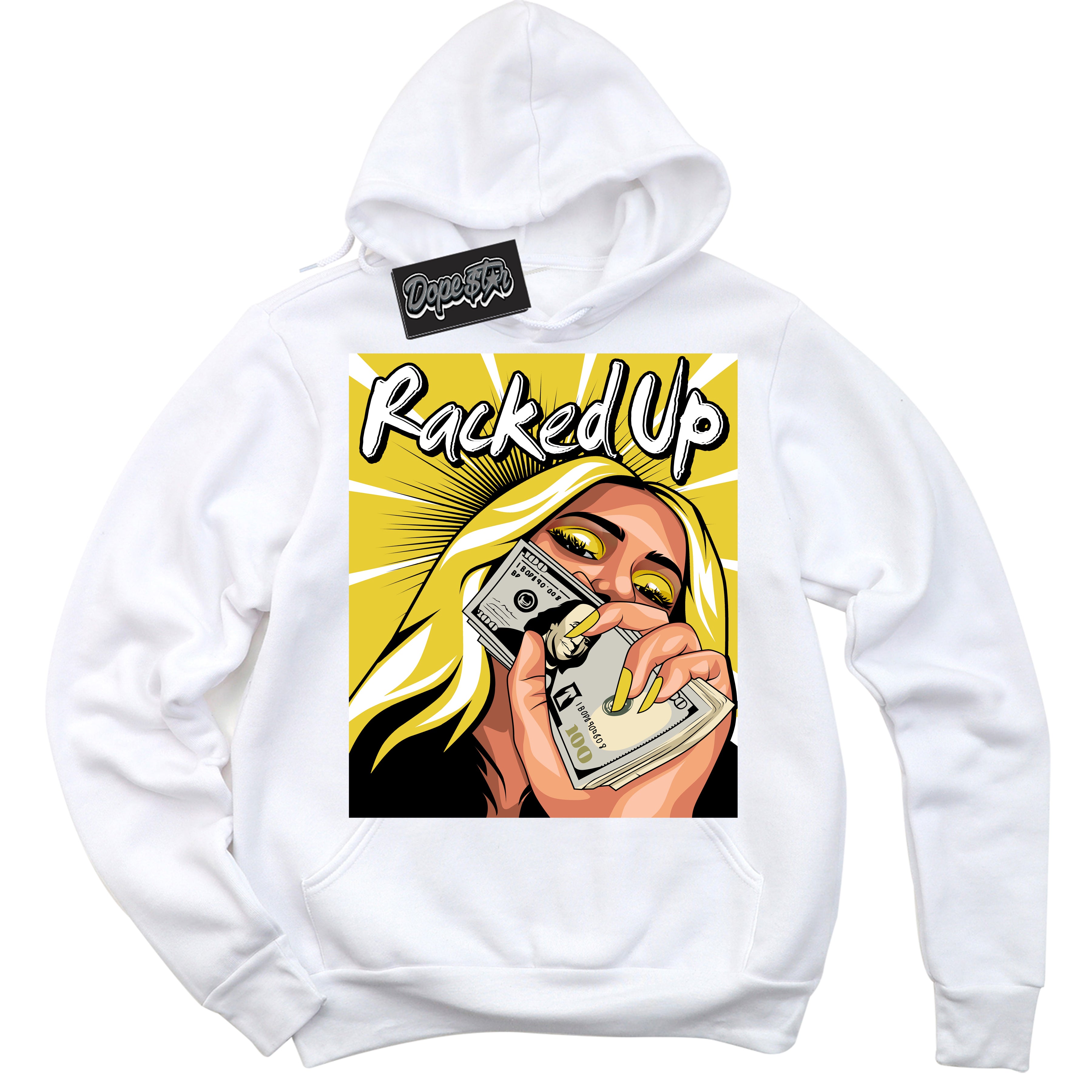 Cool White Hoodie with “ Racked Up ”  design that Perfectly Matches Vivid Sulfur 4s Jordans.
