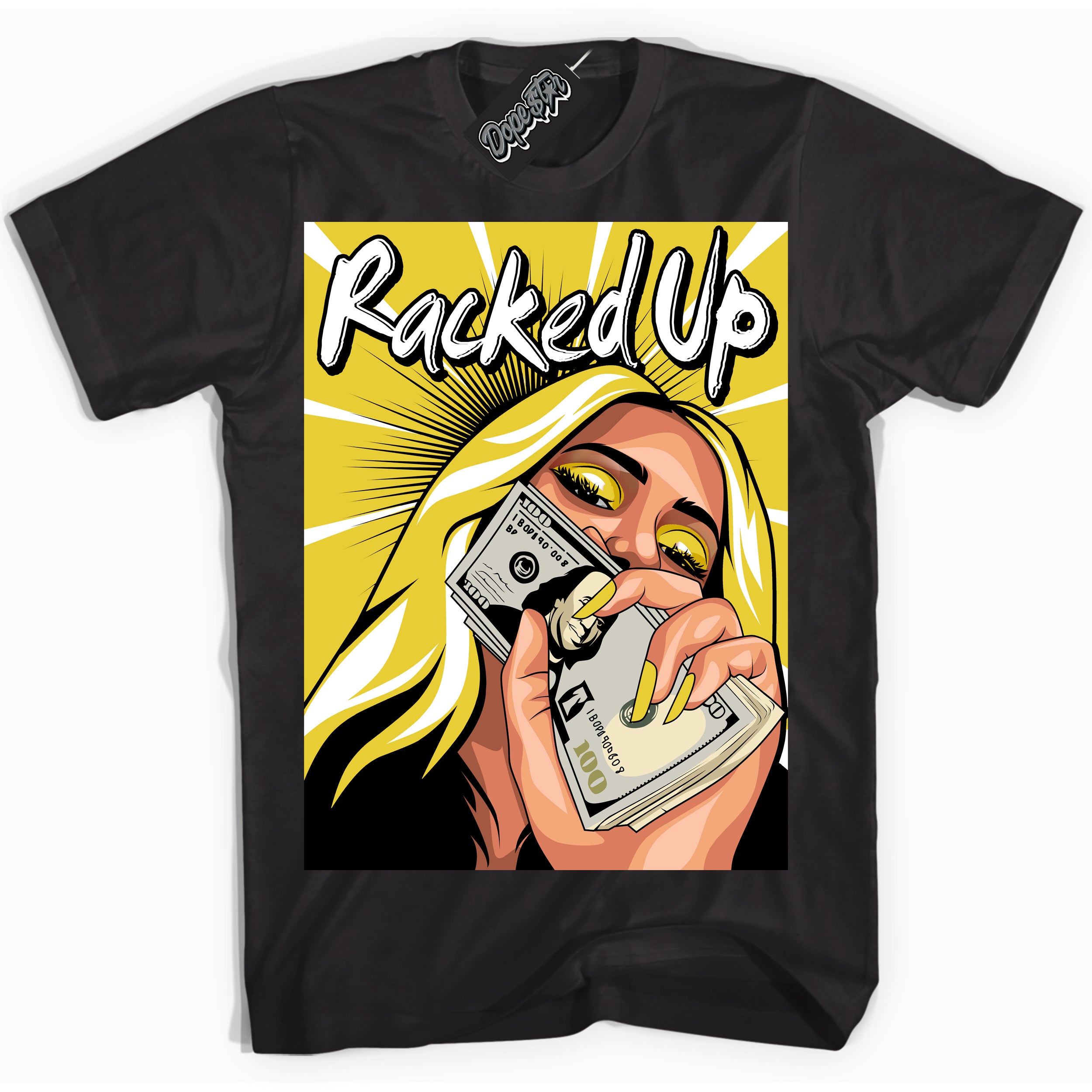 Cool Black Shirt with “ Racked Up” design that perfectly matches Vivid Sulfur 4s Jordans.
