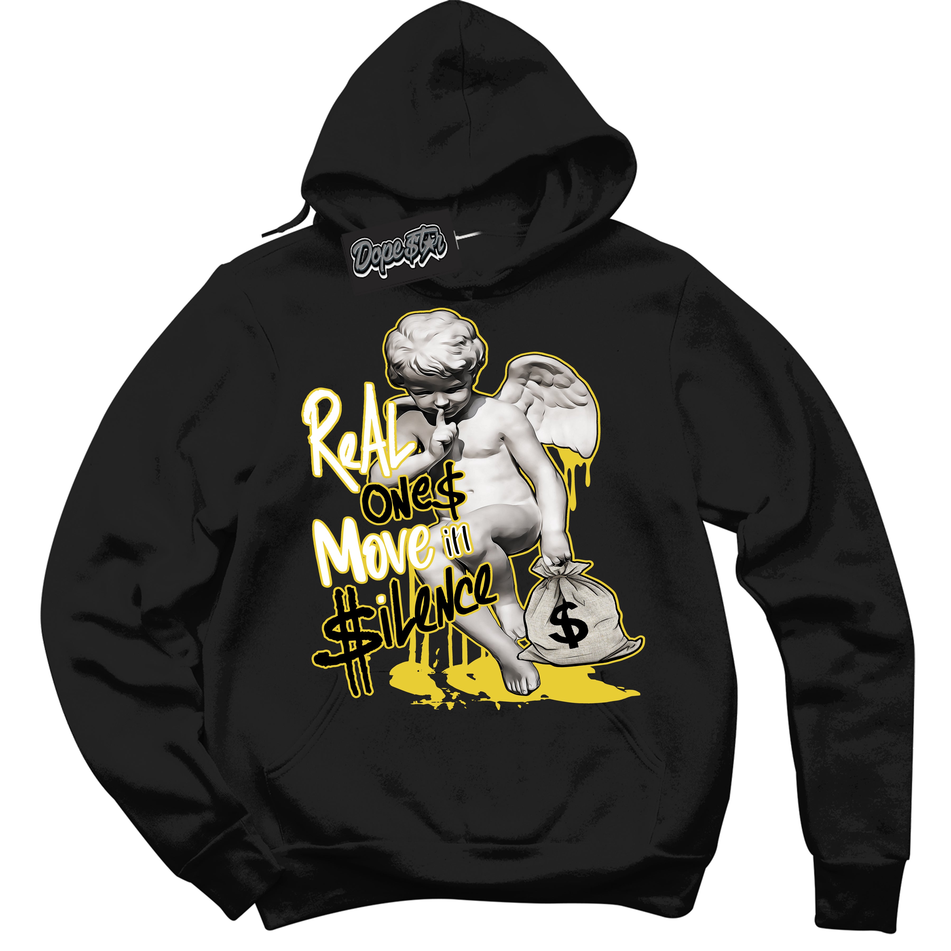 Cool Black Hoodie with “ Real Ones Cherub ”  design that Perfectly Matches Vivid Sulfur 4s Jordans.
