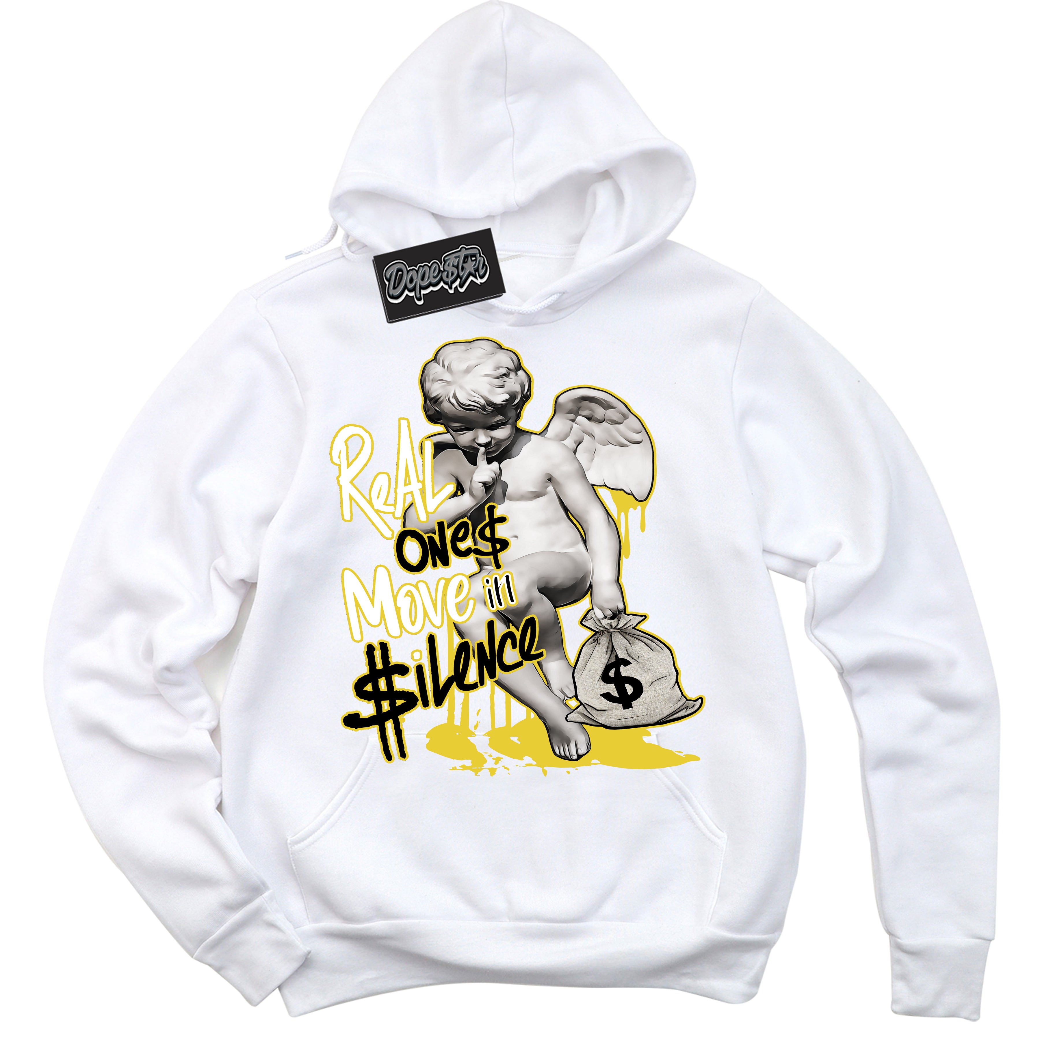 Cool White Hoodie with “ Real Ones Cherub ”  design that Perfectly Matches Vivid Sulfur 4s Jordans.
