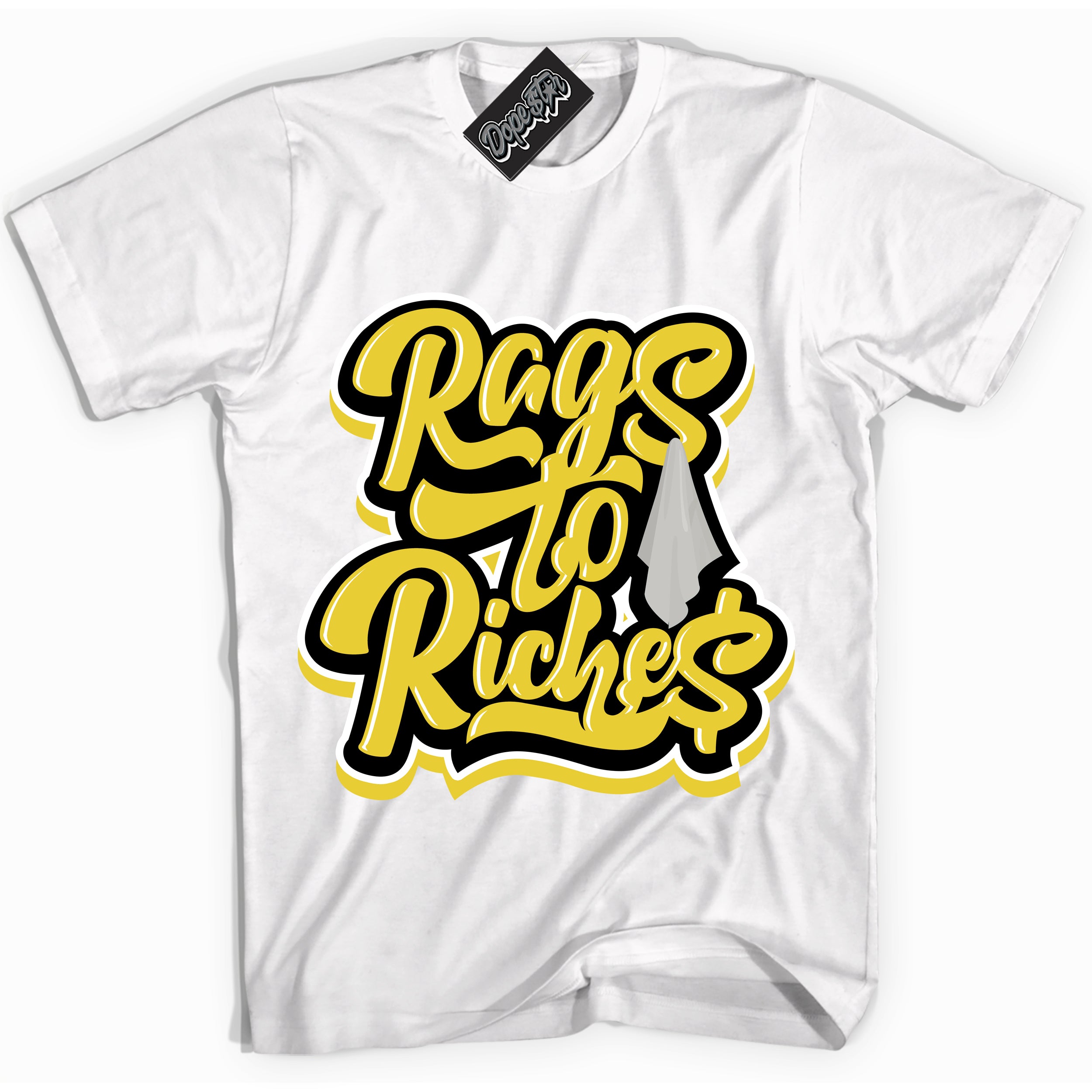 Cool White Shirt with “ Rags To Riches” design that perfectly matches Vivid Sulfur 4s Jordans.
