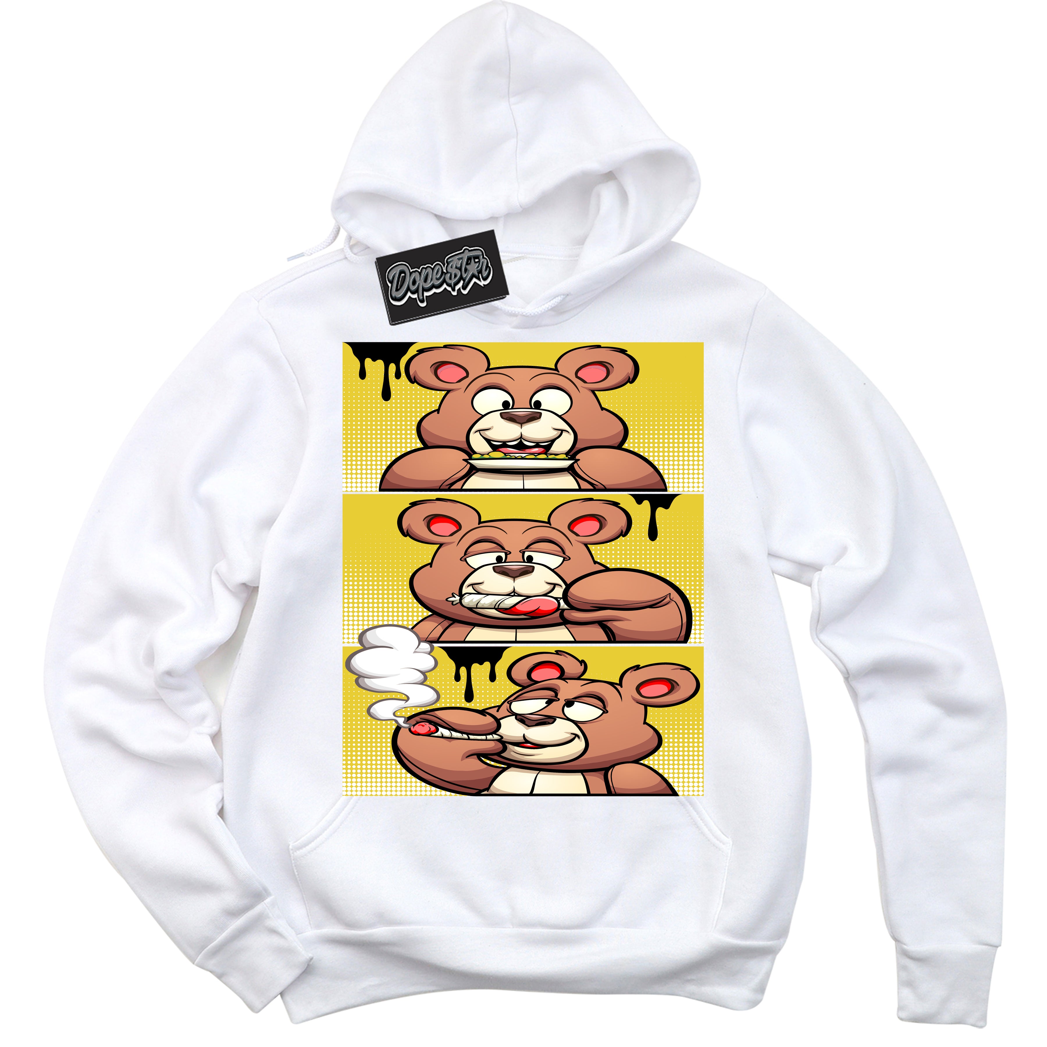 Cool White Hoodie with “ Roll It Lick It Smoke It Bear ”  design that Perfectly Matches Vivid Sulfur 4s Jordans.
