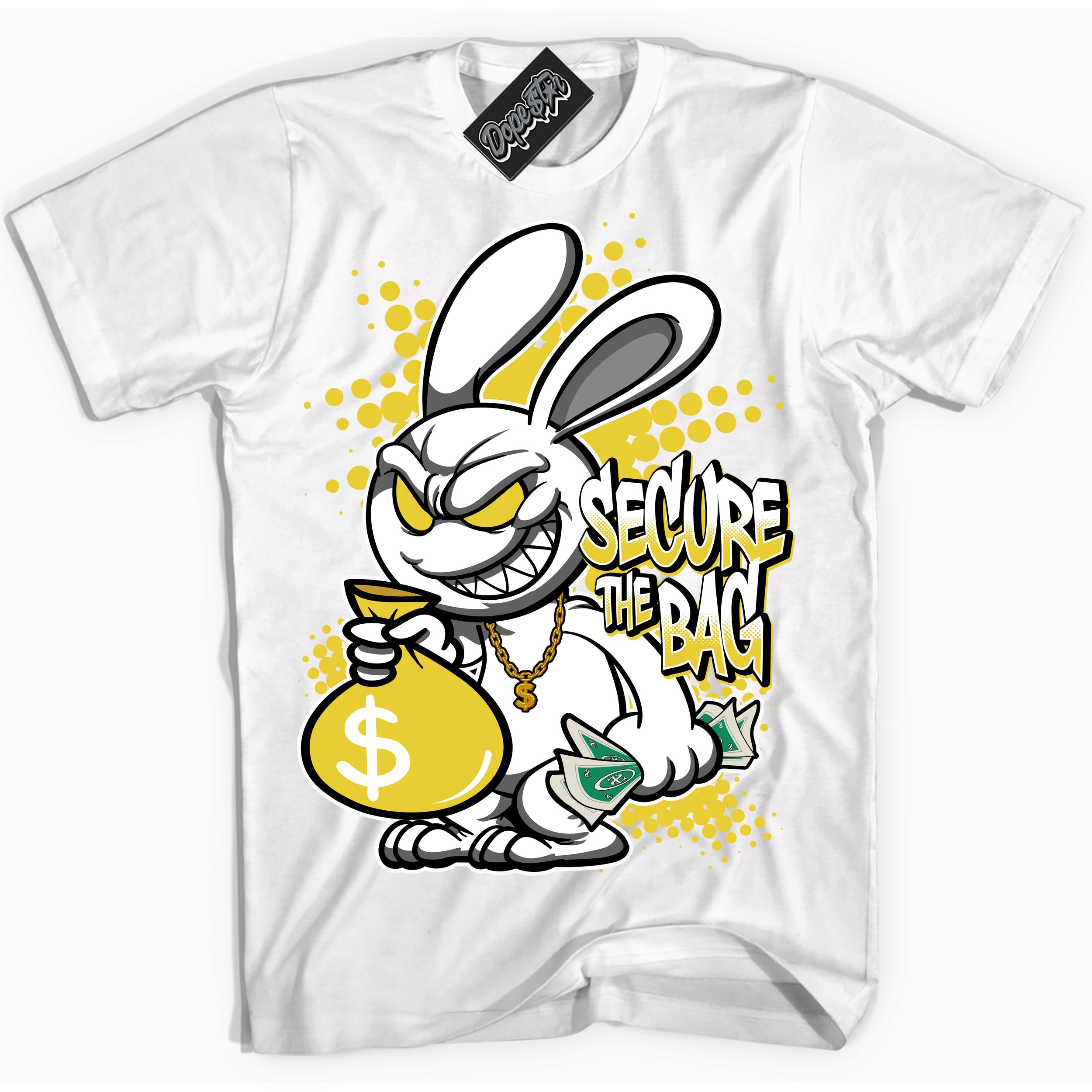 Cool White Shirt with “ Secure The Bag” design that perfectly matches Vivid Sulfur 4s Jordans.
