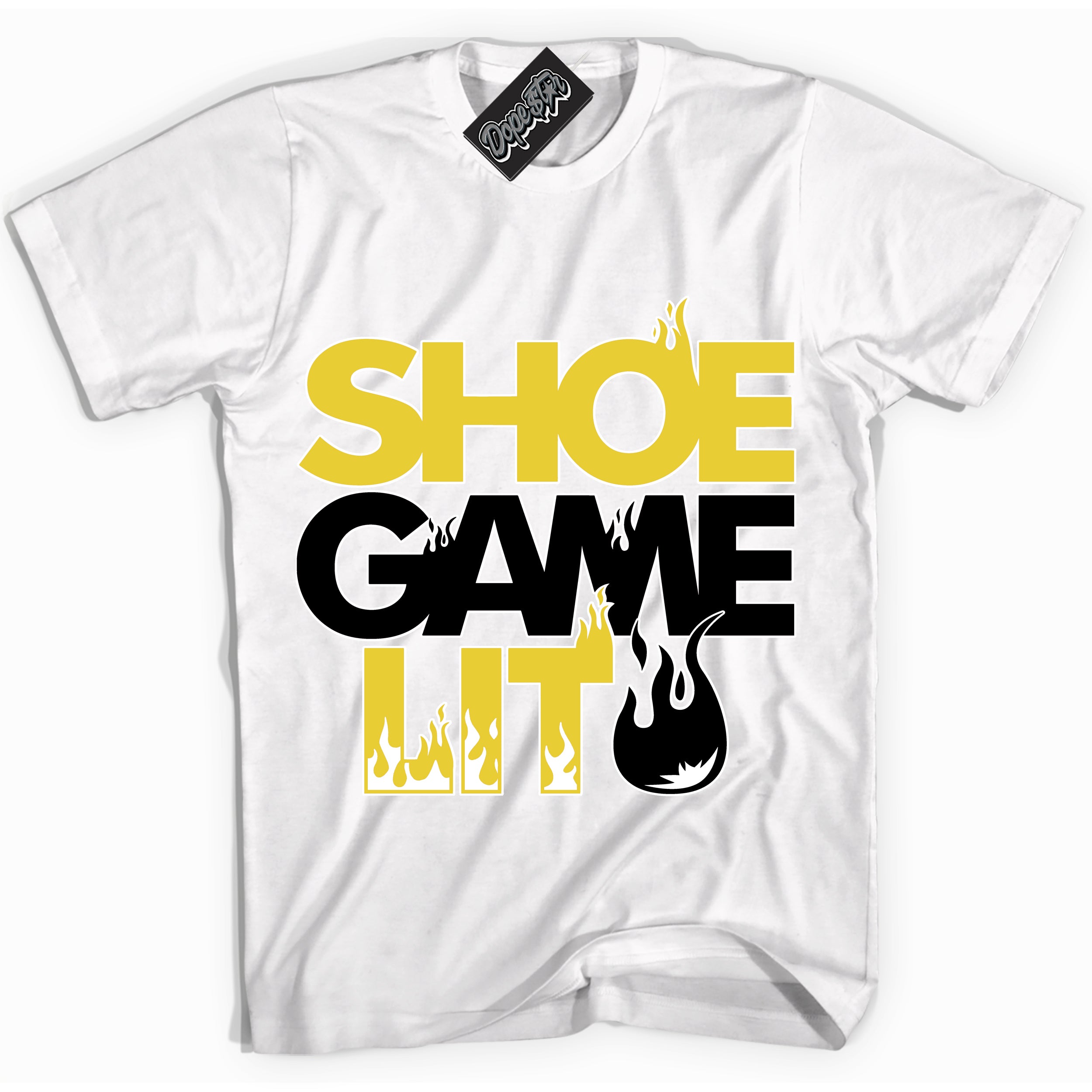 Cool White Shirt with “ Shoe Game Lit” design that perfectly matches Vivid Sulfur 4s Jordans.
