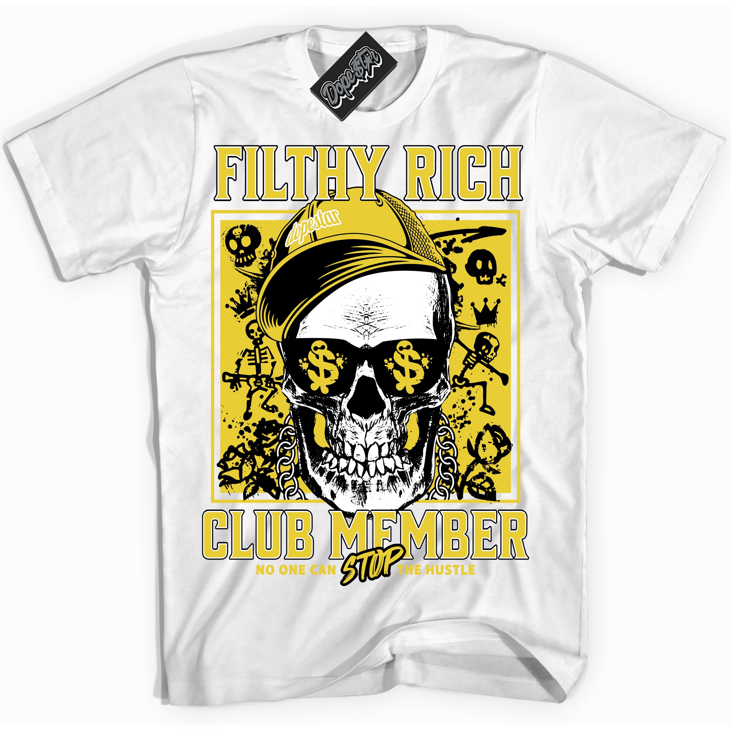 Cool White Shirt with “ Filthy Rich” design that perfectly matches Vivid Sulfur 4s Sneakers.