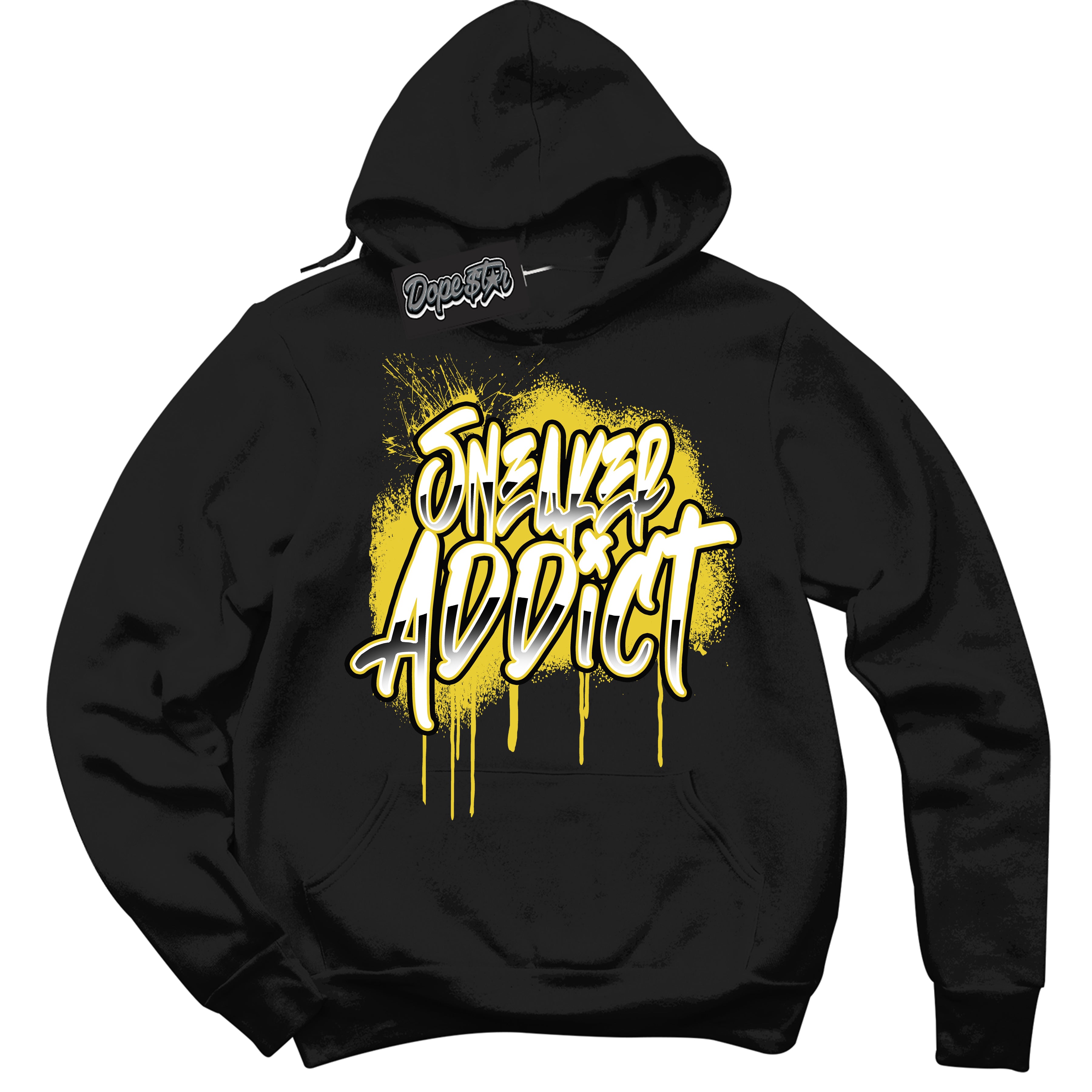 Cool Black Hoodie with “ Sneaker Addict ”  design that Perfectly Matches Vivid Sulfur 4s Jordans.
