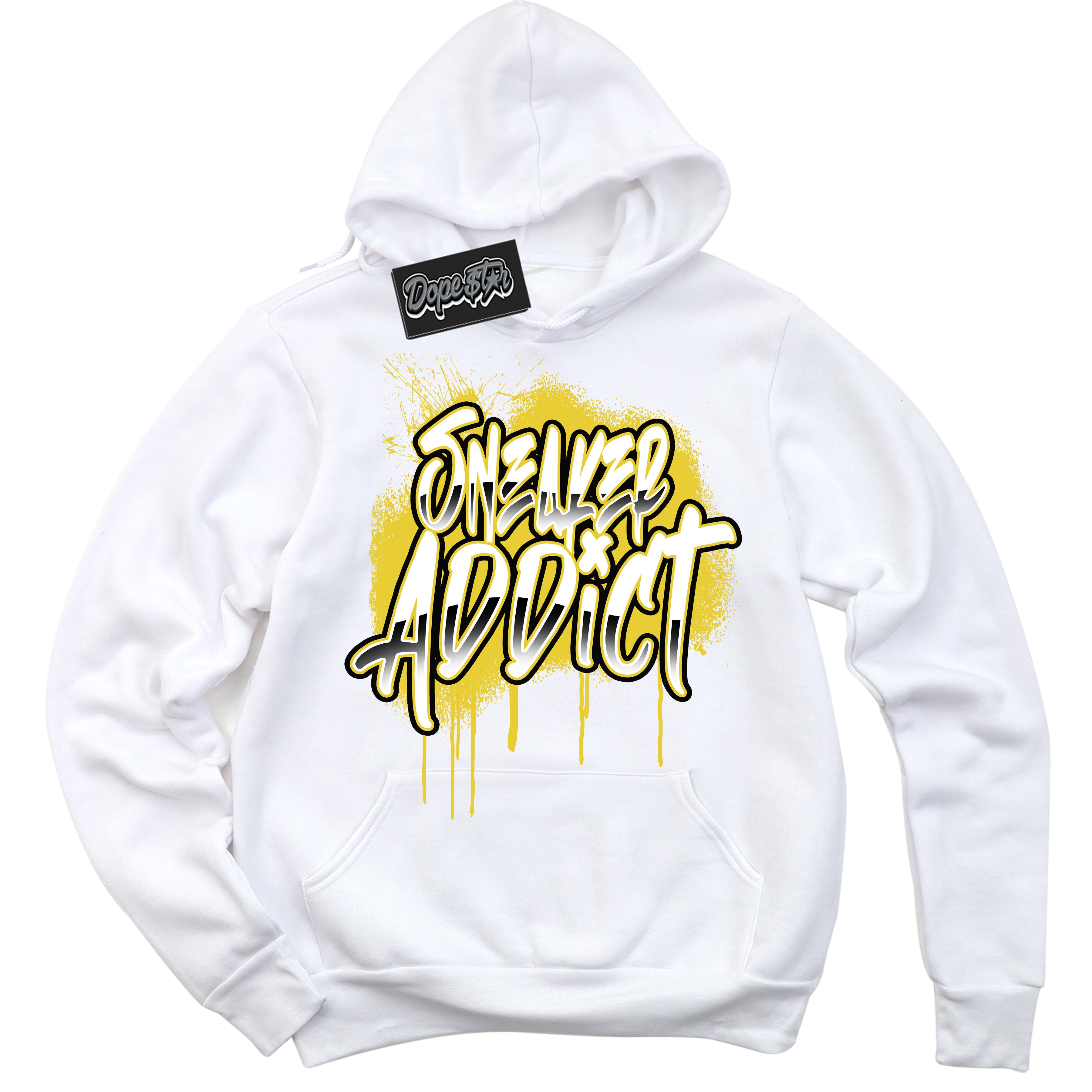 Cool White Hoodie with “ Sneaker Addict ”  design that Perfectly Matches Vivid Sulfur 4s Jordans.
