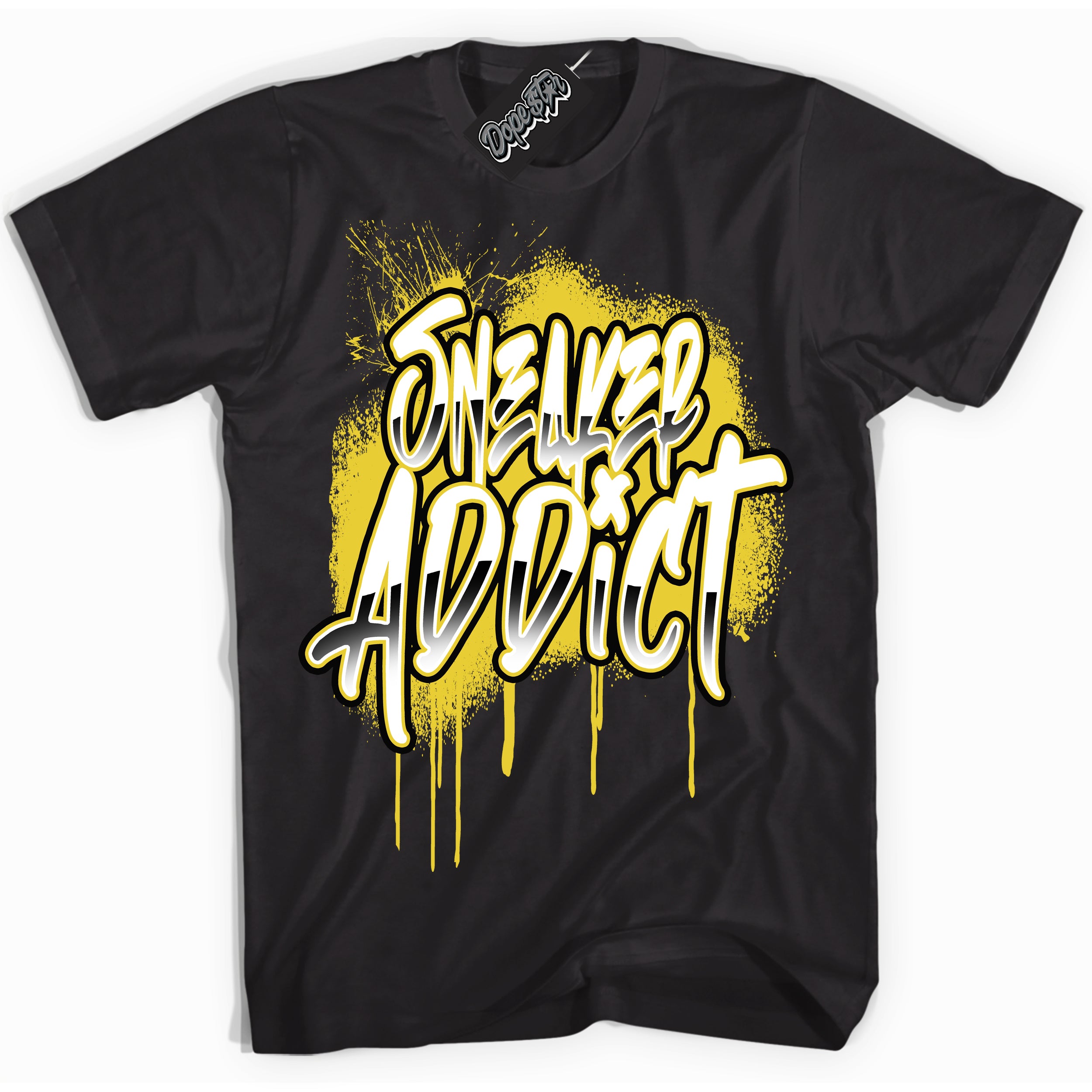 Cool Black Shirt with “ Sneaker Addict ” design that perfectly matches Vivid Sulfur 4s Jordans.
