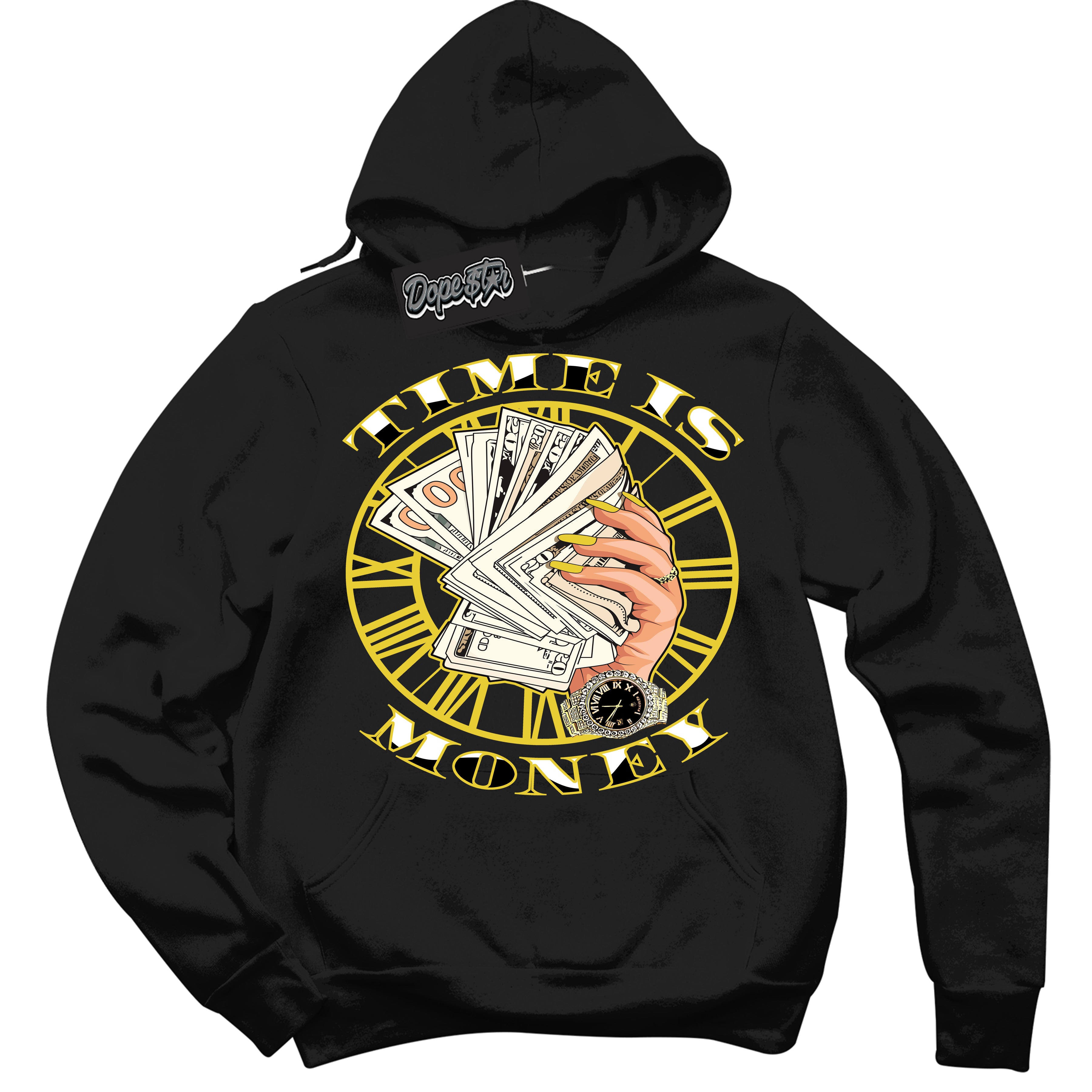 Cool Black Hoodie with “ Time Is Money ”  design that Perfectly Matches Vivid Sulfur 4s Jordans.
