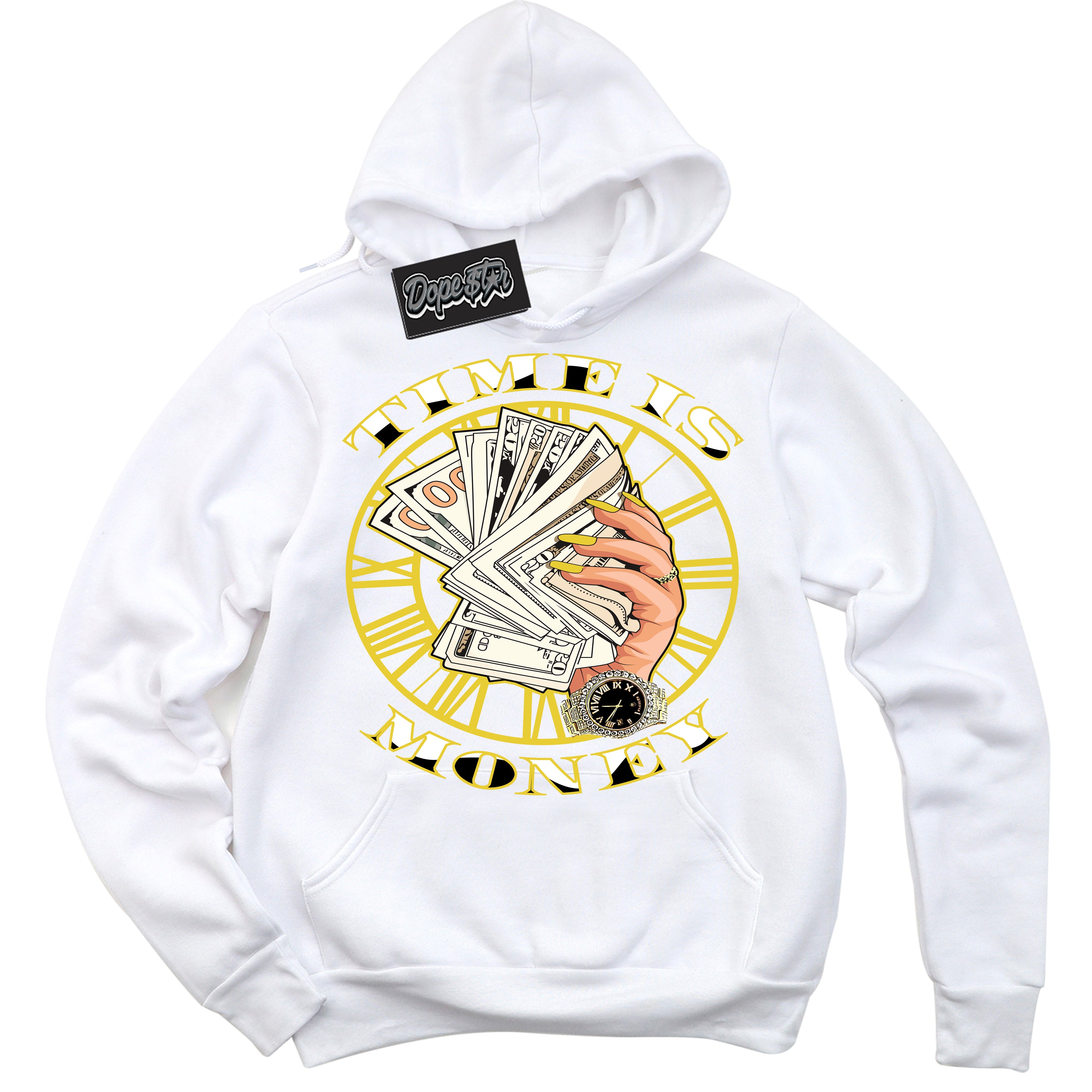 Cool White Hoodie with “ Time Is Money ”  design that Perfectly Matches Vivid Sulfur 4s Jordans.
