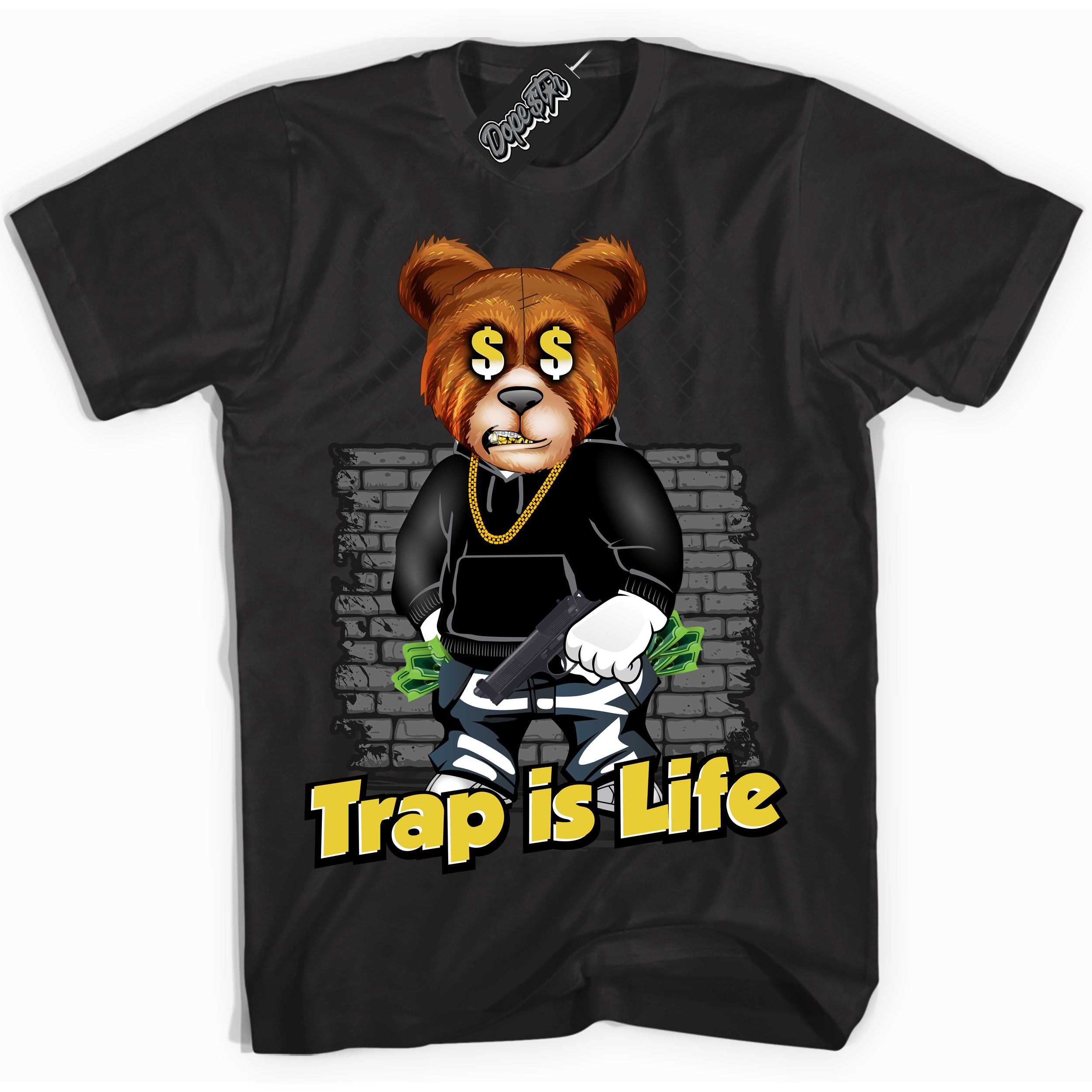 Cool Black Shirt with “ Trap Is Life” design that perfectly matches Vivid Sulfur 4s Jordans.
