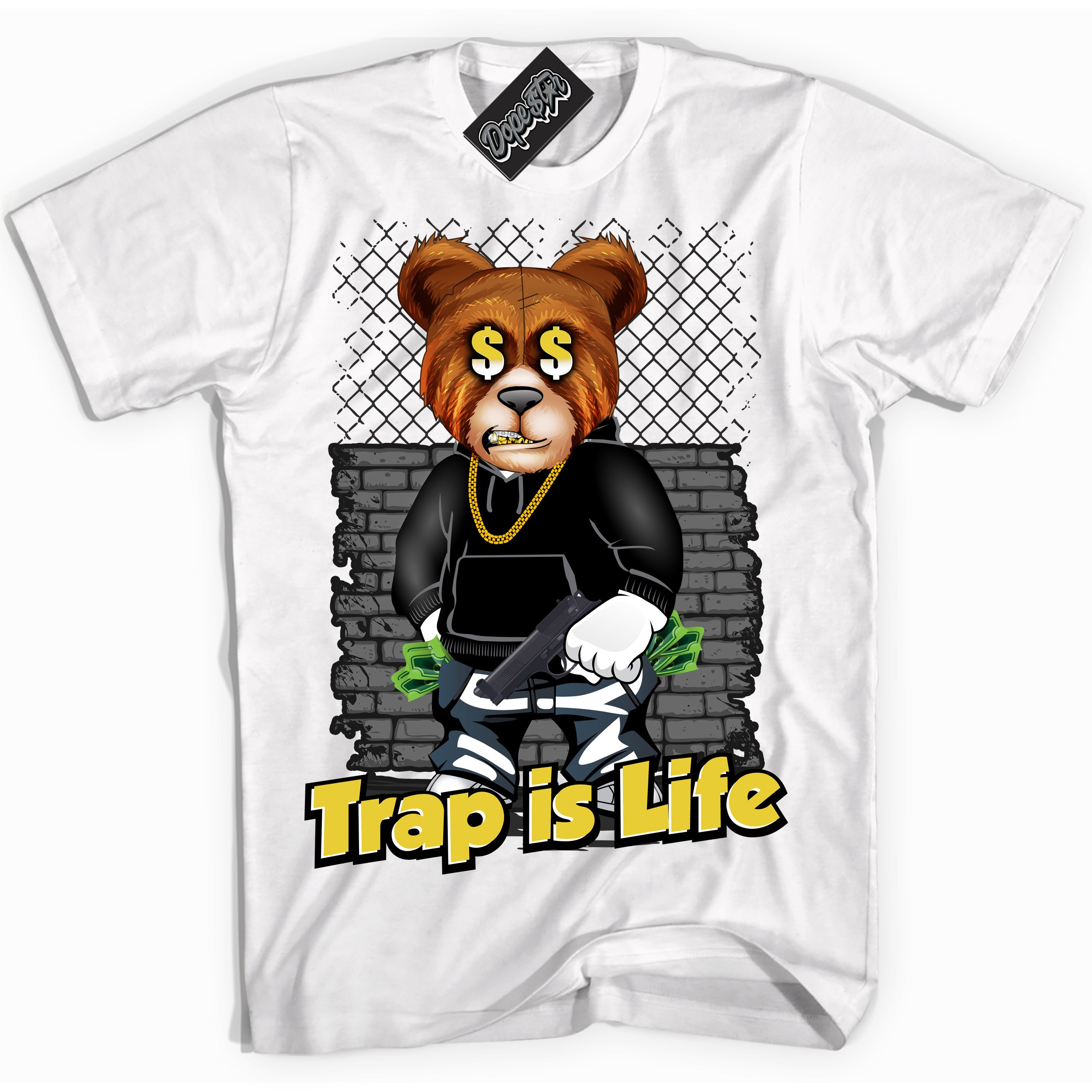 Cool White Shirt with “ Trap Is Life” design that perfectly matches Vivid Sulfur 4s Jordans.
