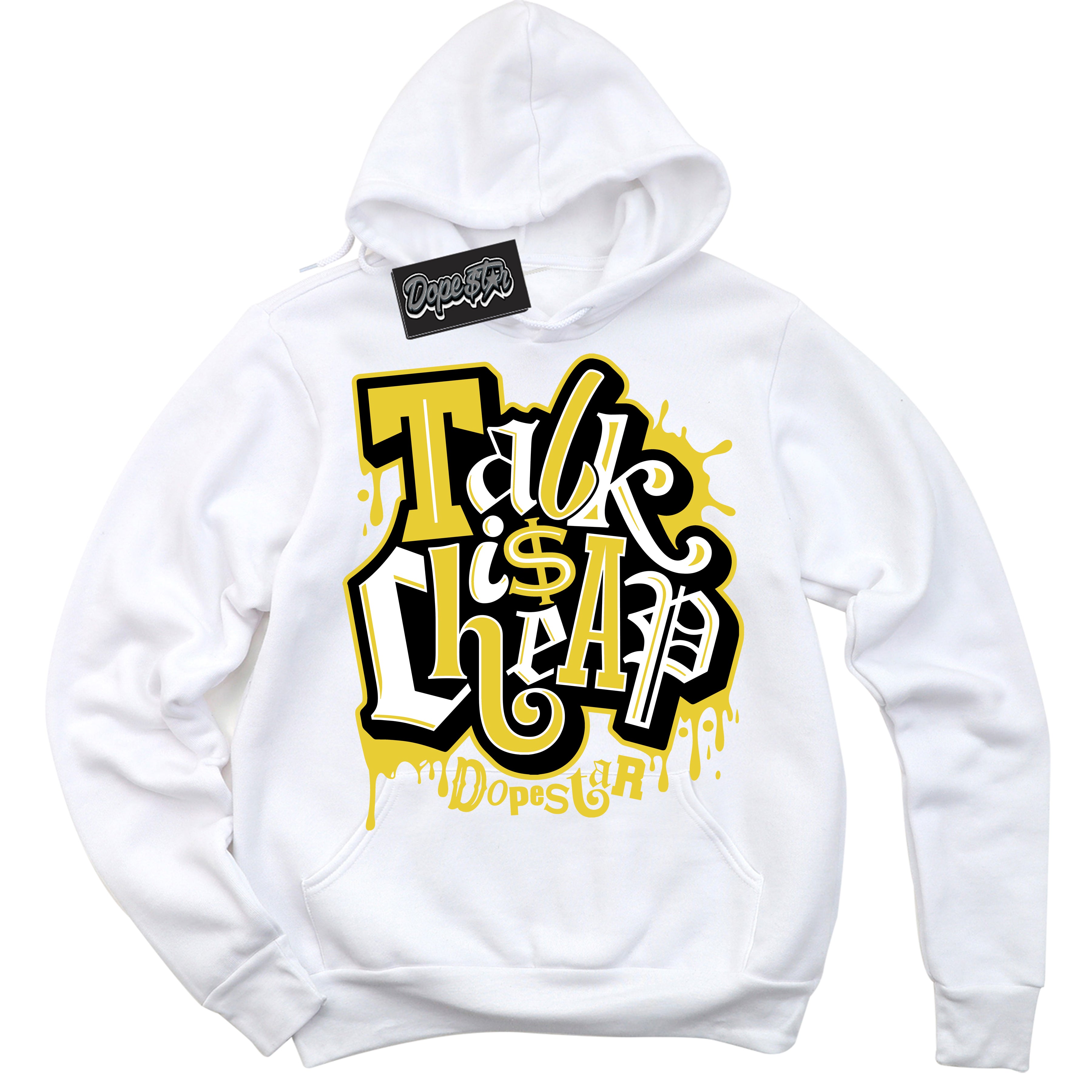 Cool White Hoodie with “ Talk Is Cheap ”  design that Perfectly Matches Vivid Sulfur 4s Jordans.
