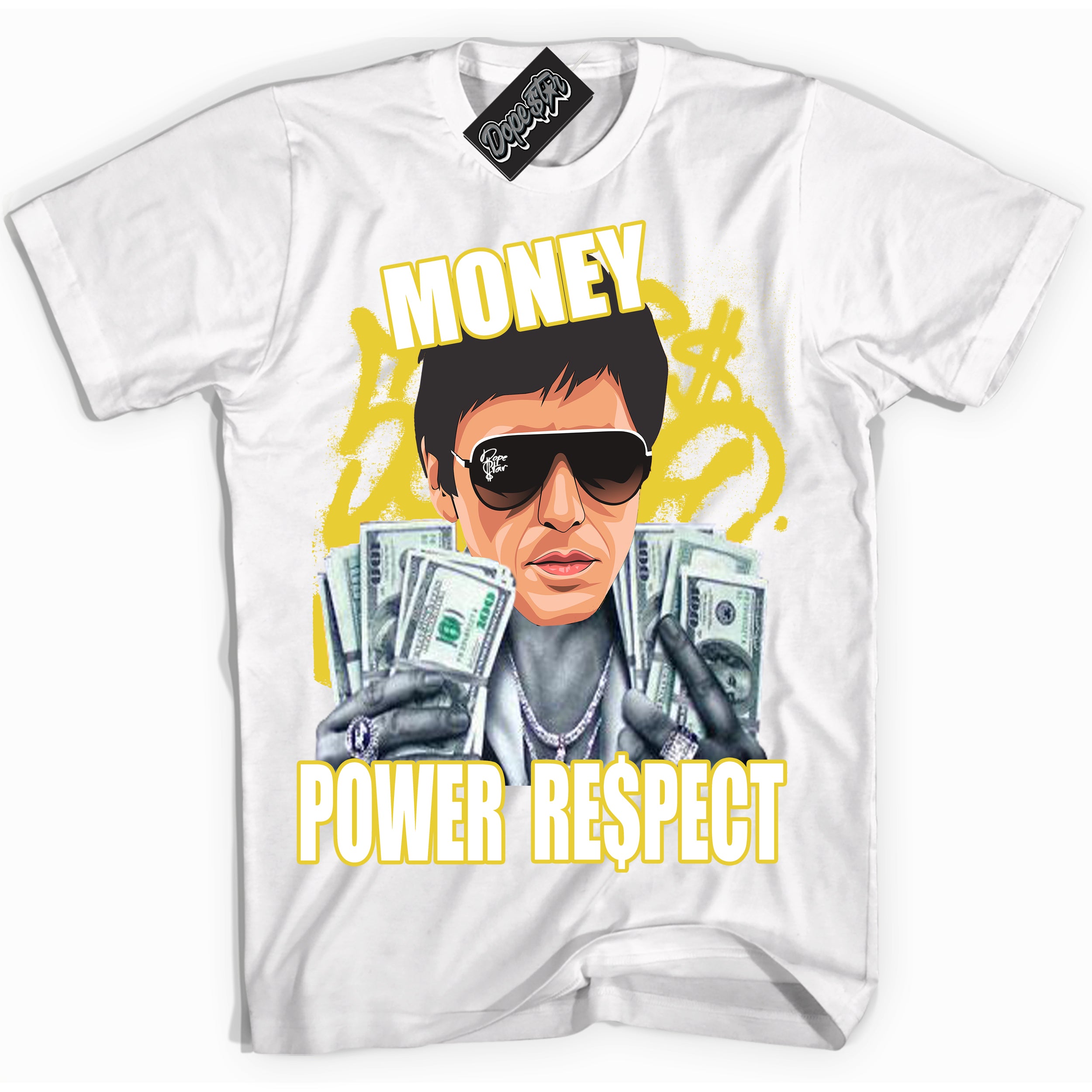 Cool White Shirt with “ Tony Montana” design that perfectly matches Vivid Sulfur 4s Jordans.
