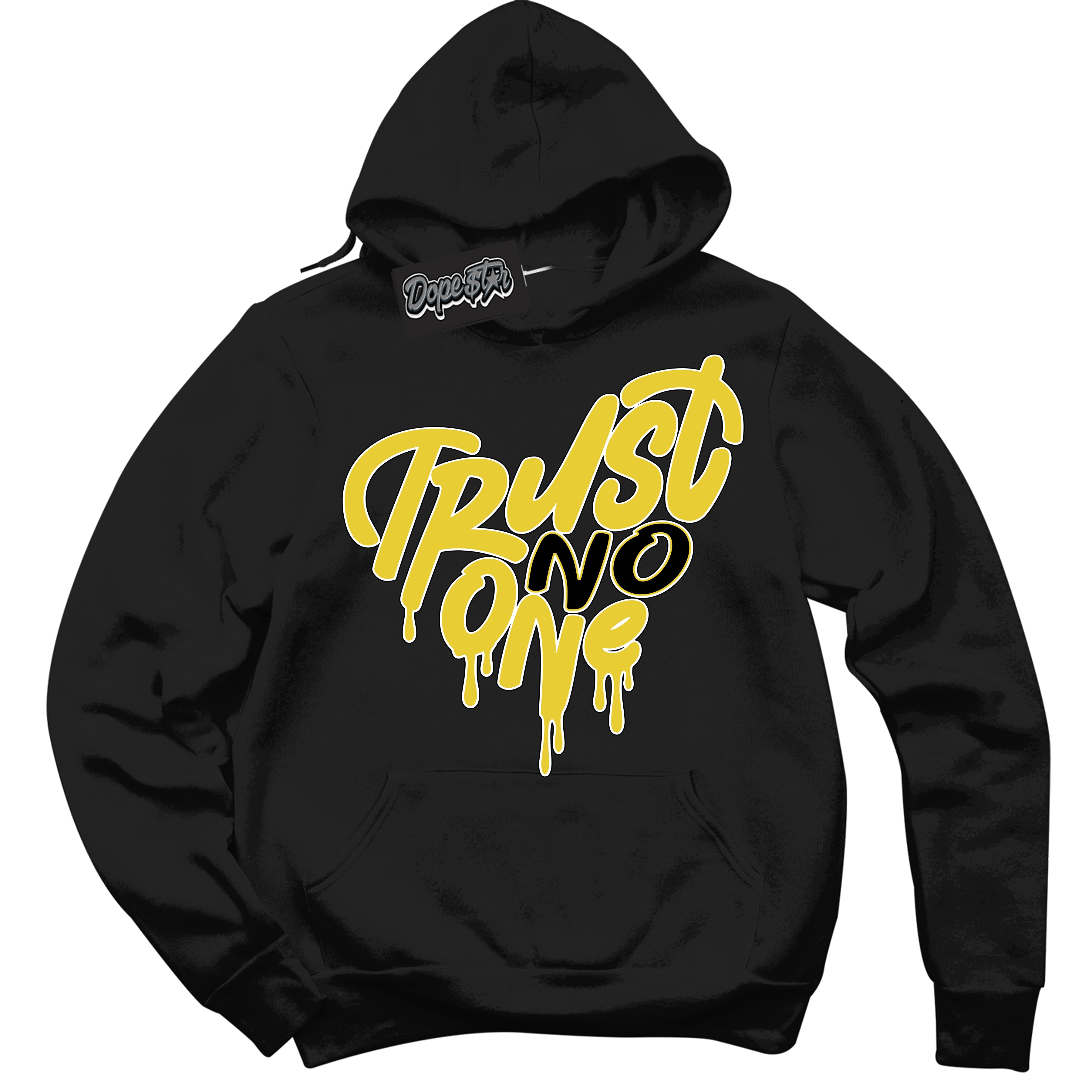 Cool Black Hoodie with “ Trust No One Heart ”  design that Perfectly Matches Vivid Sulfur 4s Jordans.
