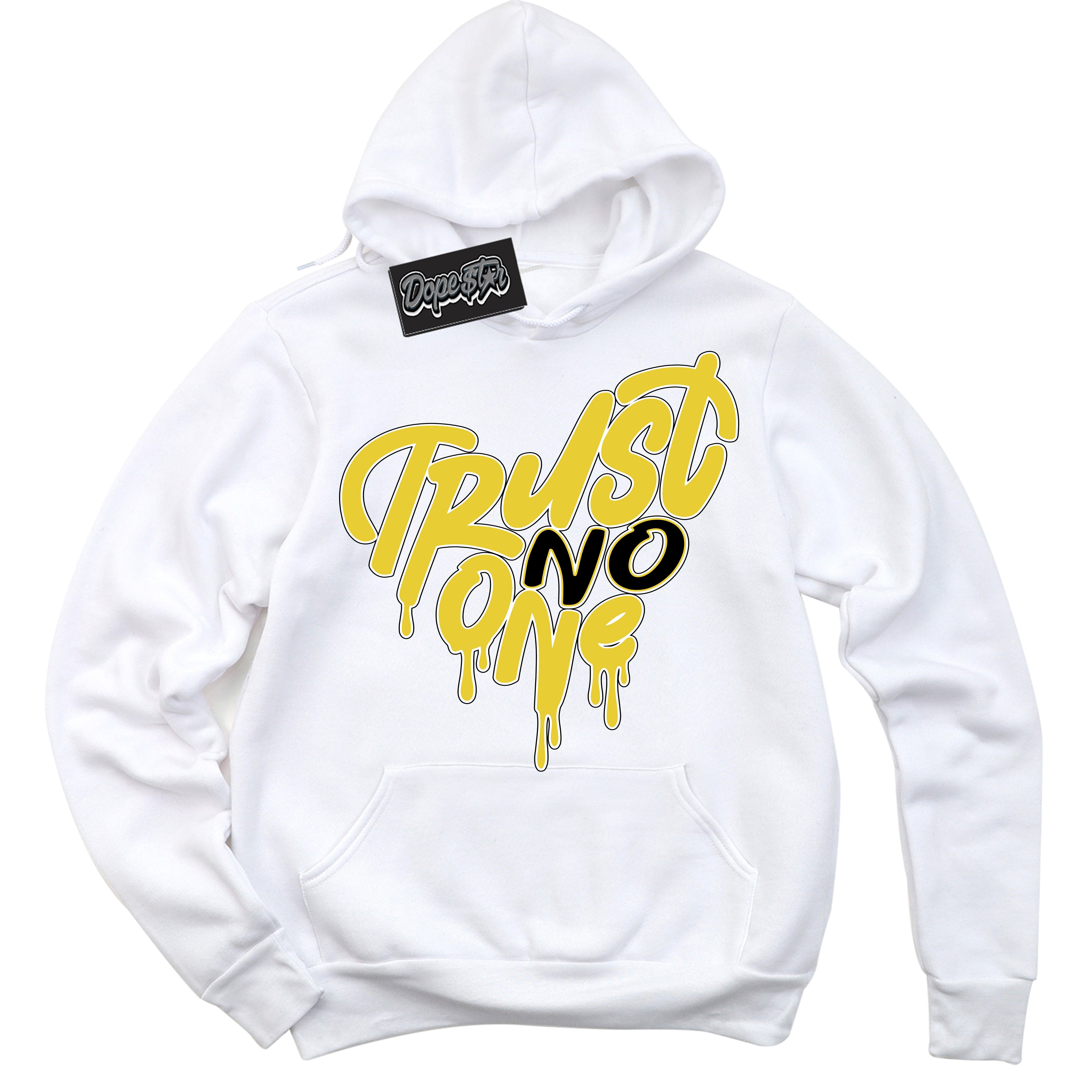 Cool White Hoodie with “ Trust No One Heart ”  design that Perfectly Matches Vivid Sulfur 4s Jordans.
